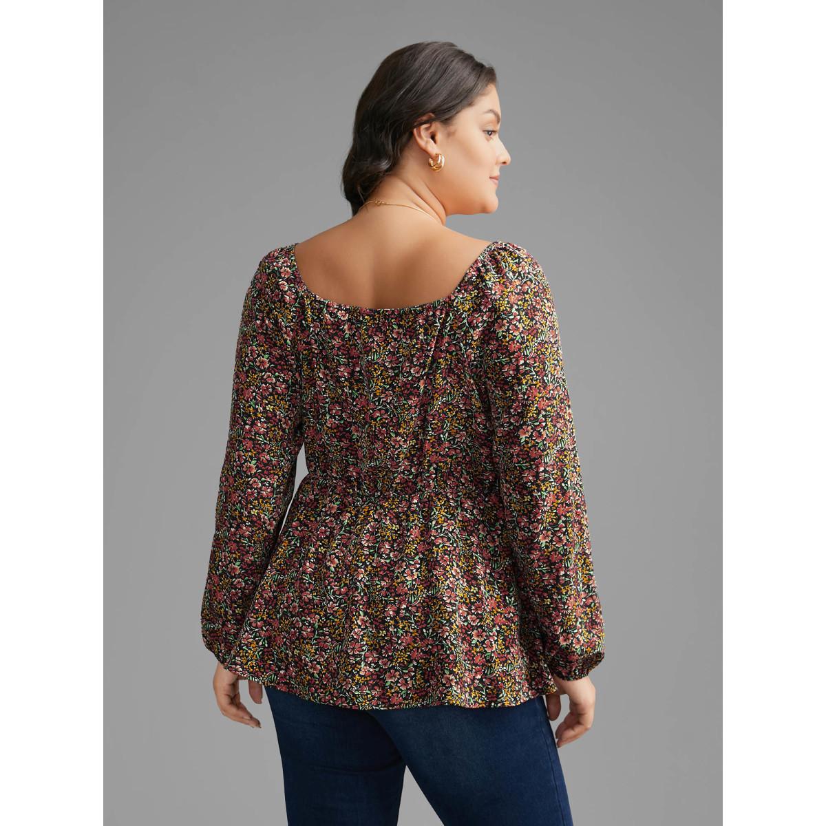 Plus Size Black Ditsy Floral Woven Ribbon Gathered Blouse Women Elegant Long Sleeve Heart neckline Everyday Blouses BloomChic 12/L Product Image