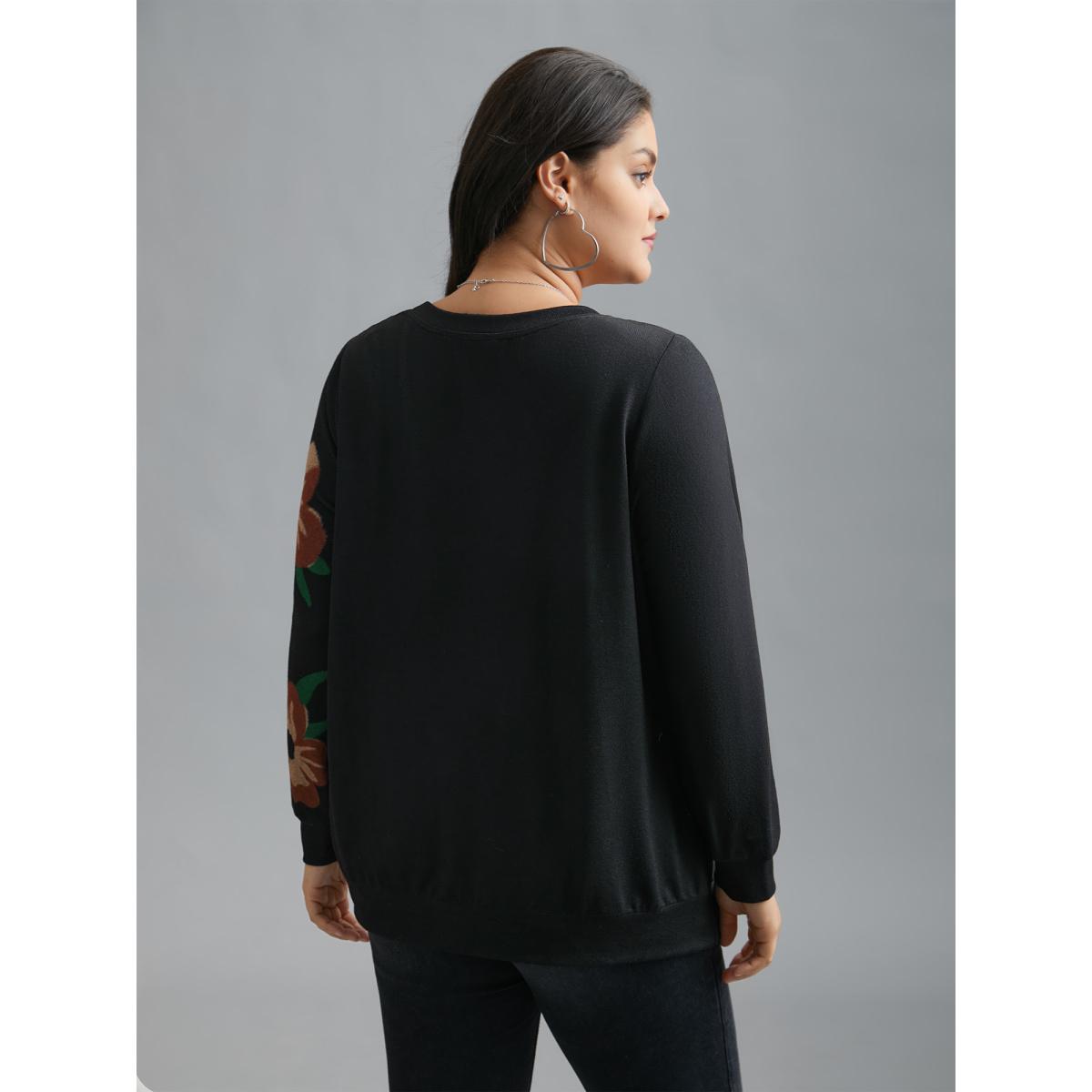Plus Size Round Neck Floral Print Fitted Sweatshirt Women Black Casual Non Round Neck Everyday Sweatshirts BloomChic 30/6X Product Image
