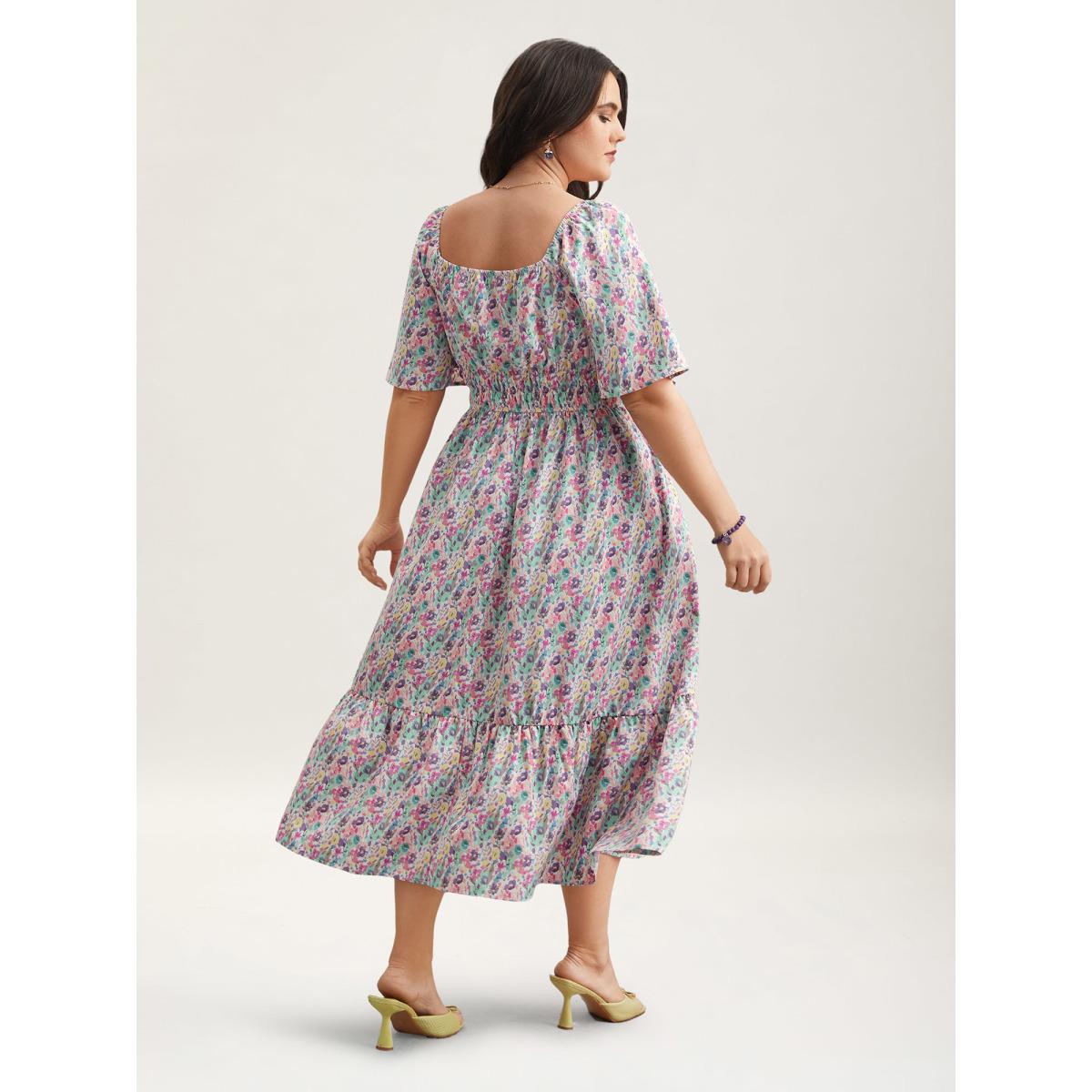 Plus Size Smocked Waist Floral Ties Tiered Maxi Dress Multicolor Women Timeless Tie knot Square Neck Short sleeve Curvy BloomChic 30/6X Product Image