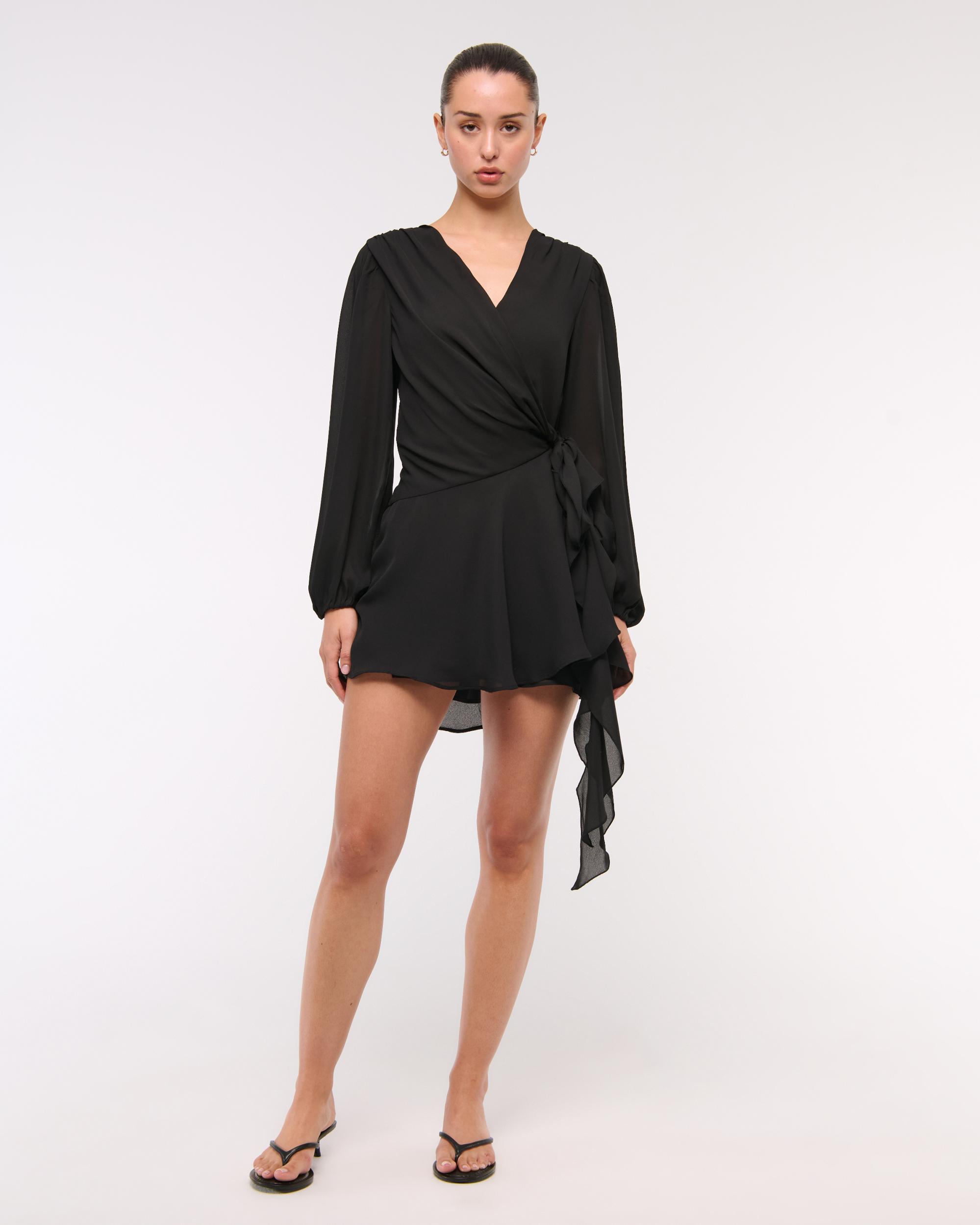 Long-Sleeve Draped Wrap Mini Dress Product Image