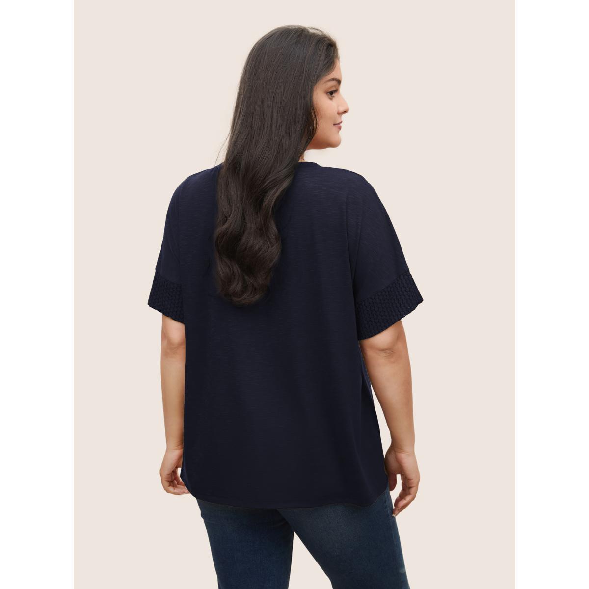 Plus Size Solid Lace Insert Batwing Sleeve T-shirt Midnight Women Casual Texture Plain Round Neck Everyday T-shirts BloomChic 18-20/2X Product Image