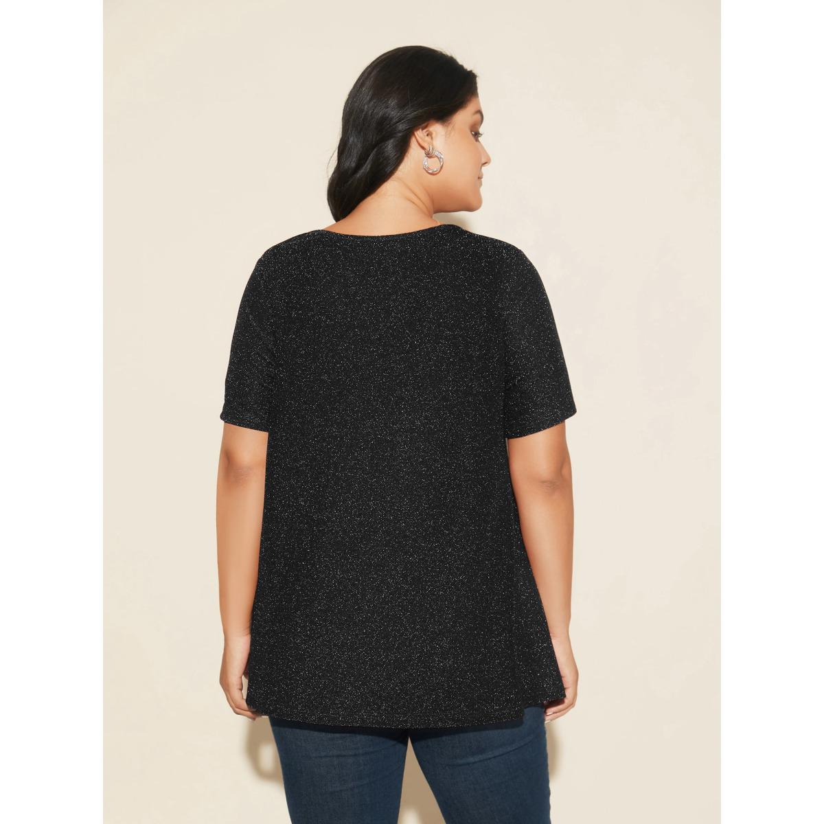 Plus Size Shimmering Gold & Silver Thread A-Line Tee Black Women Leisure Non Round Neck Loose Casual T-shirts BloomChic 12/L Product Image