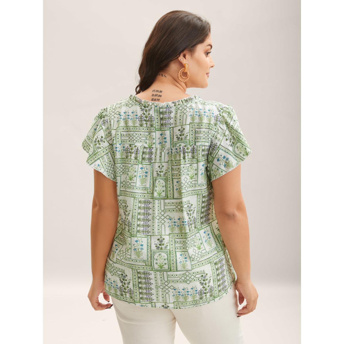Plus Size Moss Serene Leaf Collage Flutter Sleeve Blouse Women Short sleeve Notched collar Vacation Blouses BloomChic 14-16/1X Product Image