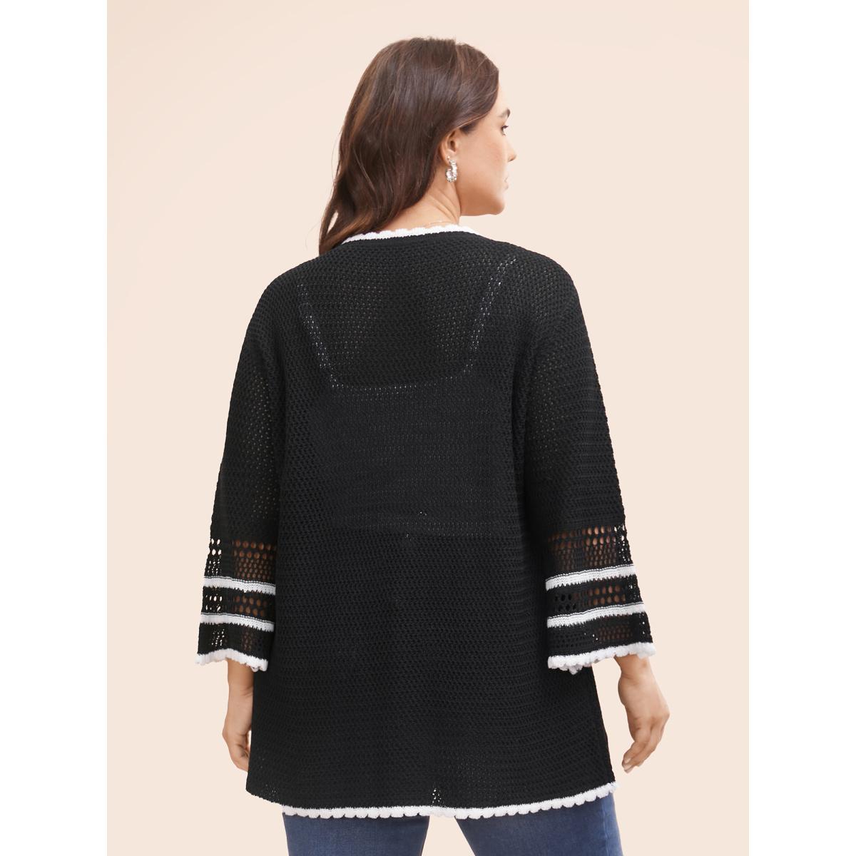 Plus Size Solid Contrast Trim Bell Sleeve Cardigan Black Women Beach Loose Elbow-length sleeve Vacation Cardigans BloomChic 10/M Product Image