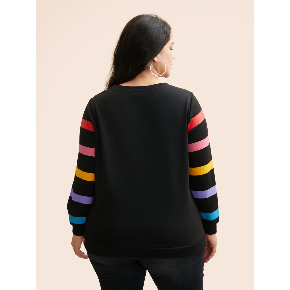 Plus Size Colored Striped Patchwork Slightly Stretchy Sweatshirt Women Black Casual Contrast Non Everyday Sweatshirts BloomChic 26/4X Product Image