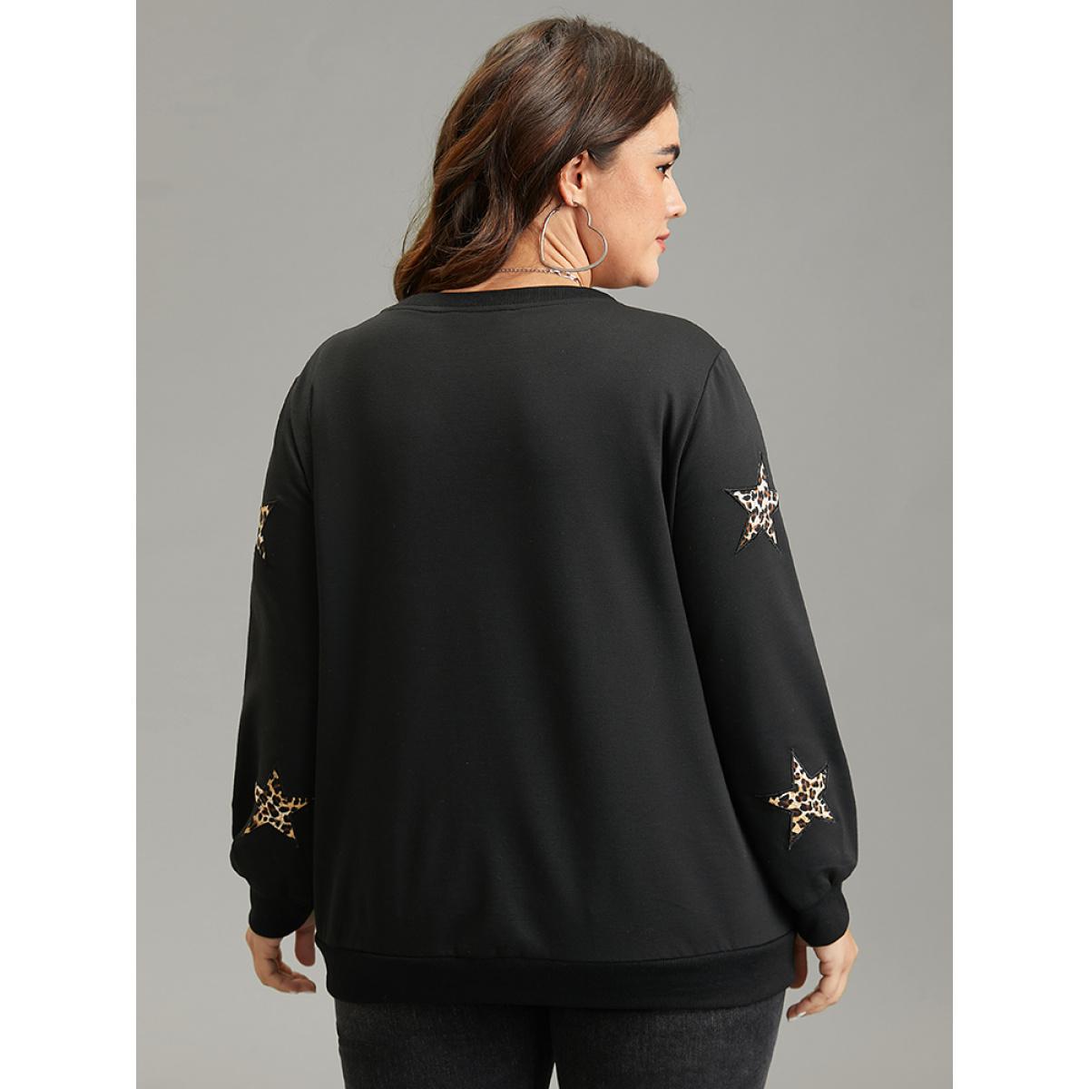 Plus Size Leopard Star Rib Knit Crew Neck Sweatshirt Women Black Casual Rib Knit Round Neck Dailywear Sweatshirts BloomChic 26/4X Product Image