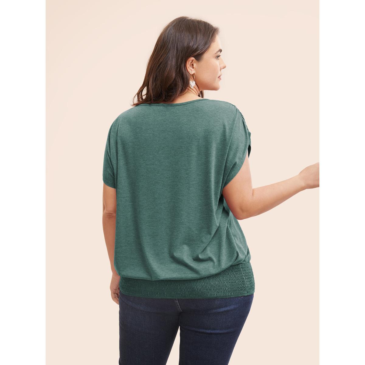 Plus Size Solid Ruched Batwing Sleeve Shirred Hem T-shirt Cyan Women Elegant Ruched Plain Boat Neck Everyday T-shirts BloomChic 22-24/3X Product Image