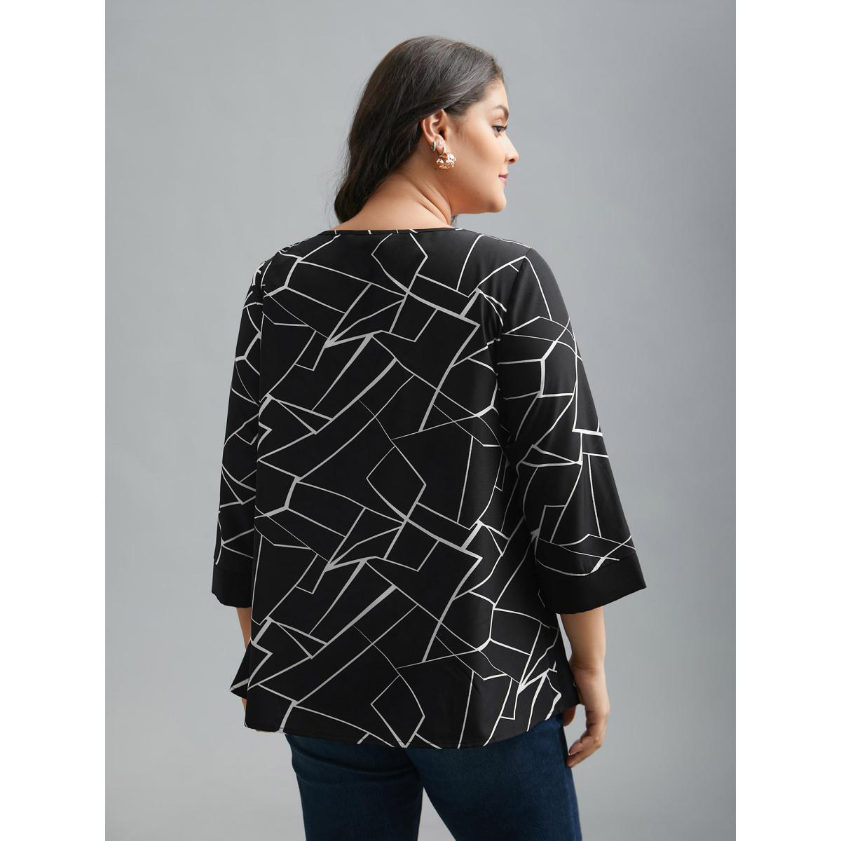 Plus Size Black Geometric Print Metal Detail Spliced Blouse Women At the Office Elbow-length sleeve Round Neck Office Blouses BloomChic 18-20/2X Product Image