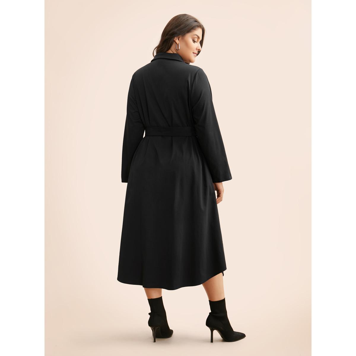 Plus Size Shirt Collar Curved Hem Midi Dress Black Women At the Office Belted Shirt collar Long Sleeve Curvy BloomChic 14-16/1X Product Image