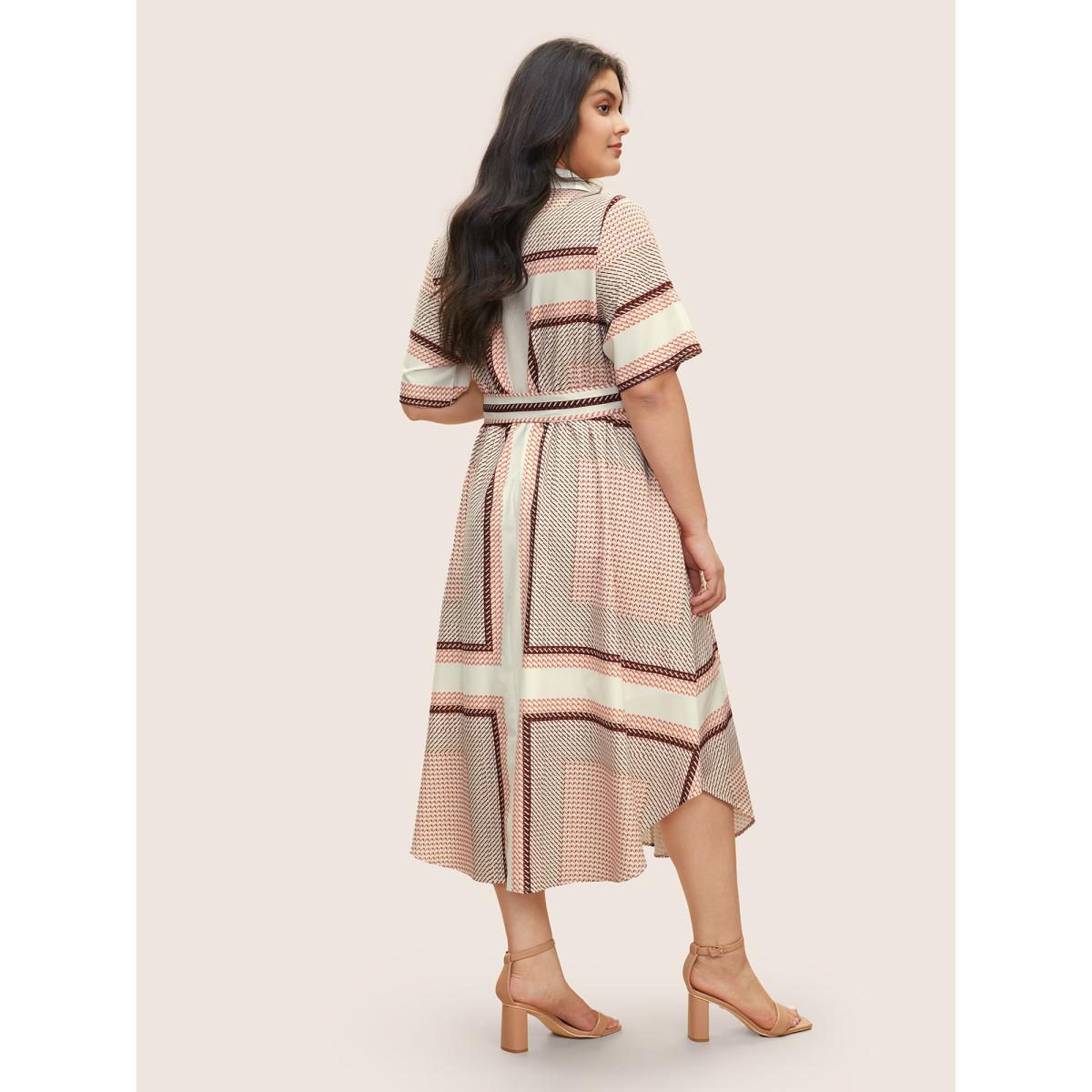 Plus Size Geo Graphic Belted Curved Hem Shirt Collar Dress LightBrown Women At the Office Non Shirt collar Short sleeve Curvy Midi Dress BloomChic 30/6X Product Image