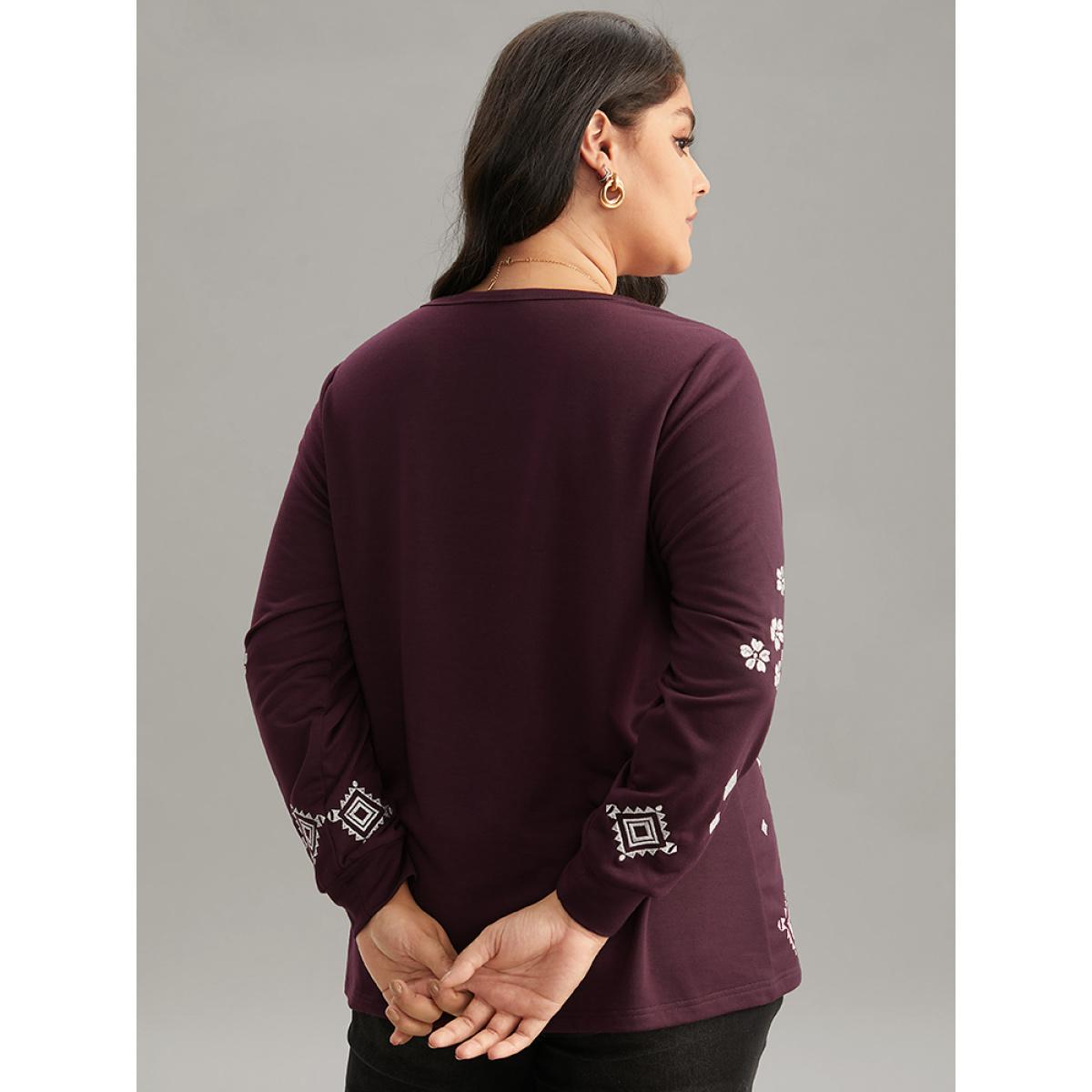 Plus Size Boho & Floral Textured Embroidery Round Neck Sweatshirt Women Maroon Elegant Embroidered Round Neck Dailywear Sweatshirts BloomChic 14-16/1X Product Image