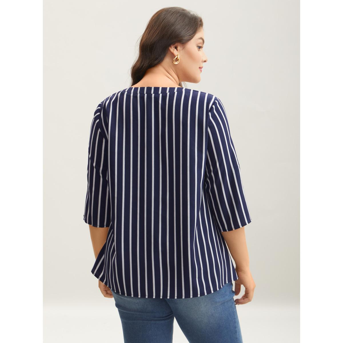Plus Size Indigo Notched Collar Striped Tab Sleeve Shirt Women At the Office Elbow-length sleeve Notched collar Work Blouses BloomChic 26/4X Product Image