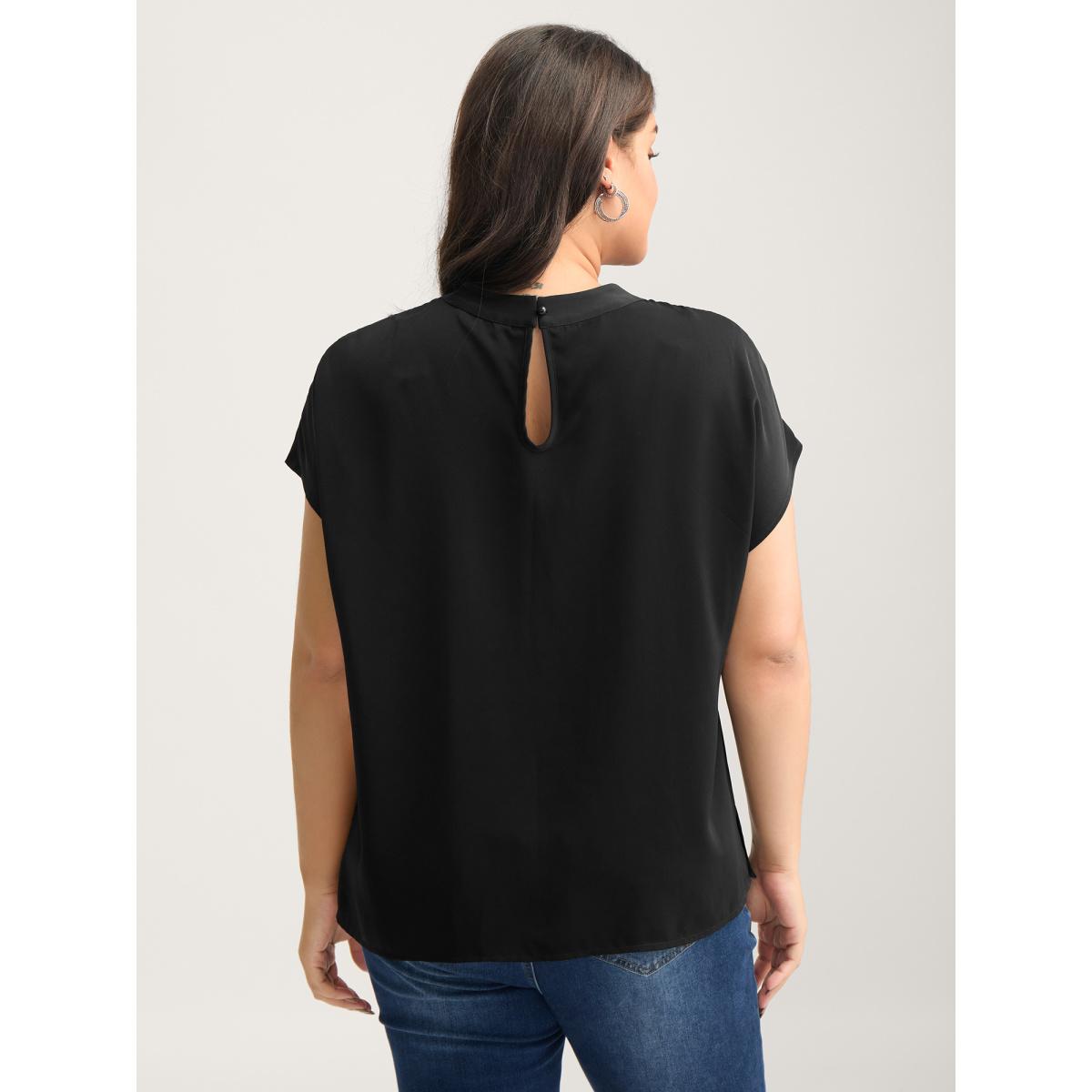 Plus Size Black Solid Twist Neck Slit Blouse Women Cap Sleeve Asymmetrical Neck Work Blouses BloomChic 26/4X Product Image