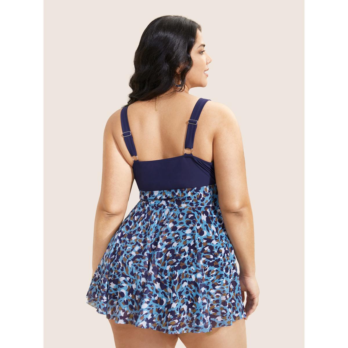 Plus Size V Neck Leopard Print Patchwork Swim Dress Women's Swimwear Indigo Beach Bodycon Overlap Collar High stretch Curve Swim Dresses BloomChic 14-16/1X Product Image