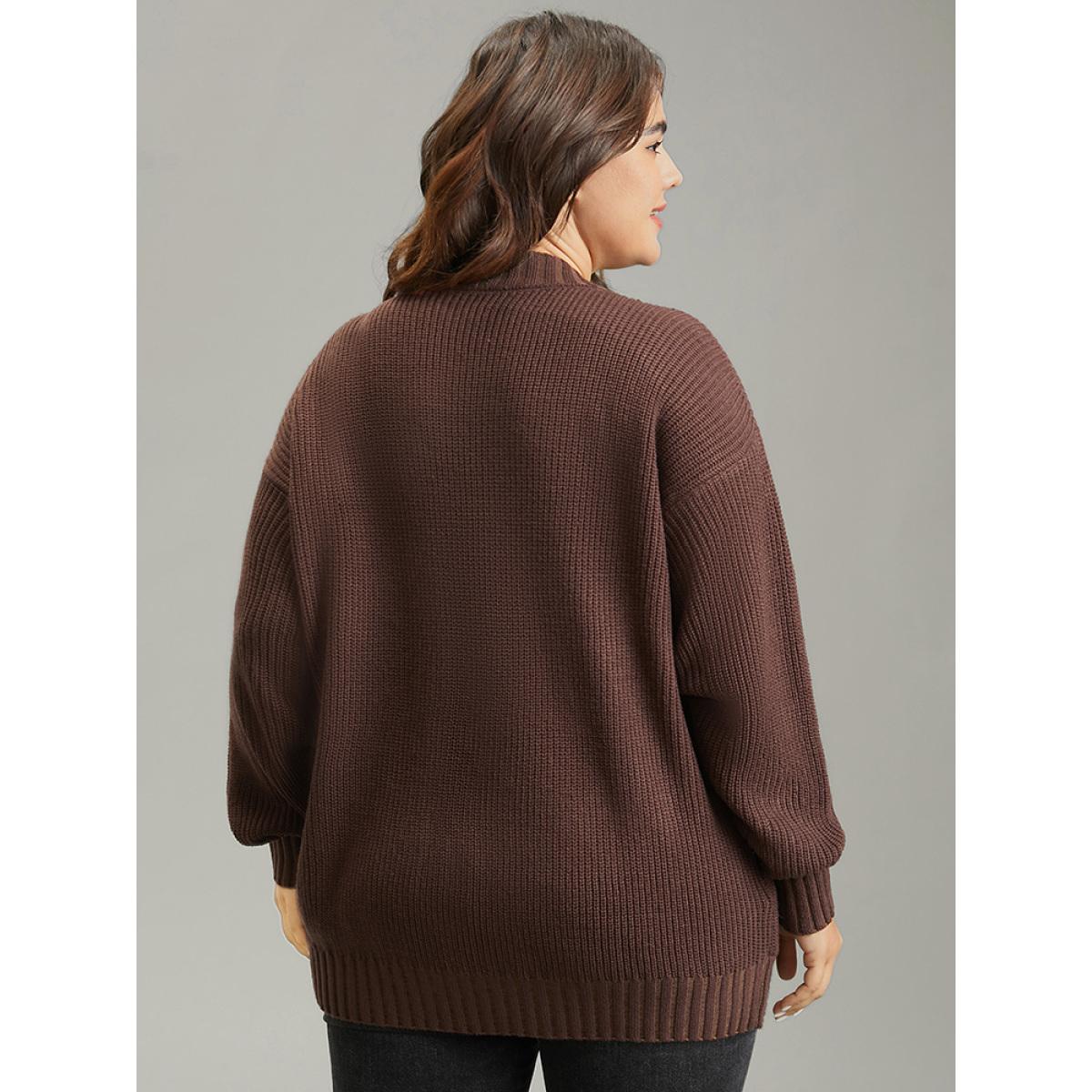 Plus Size Solid Surplice Neck Elastic Cuffs Pullover DarkBrown Women Casual Loose Long Sleeve V-neck Dailywear Pullovers BloomChic 18-20/2X Product Image
