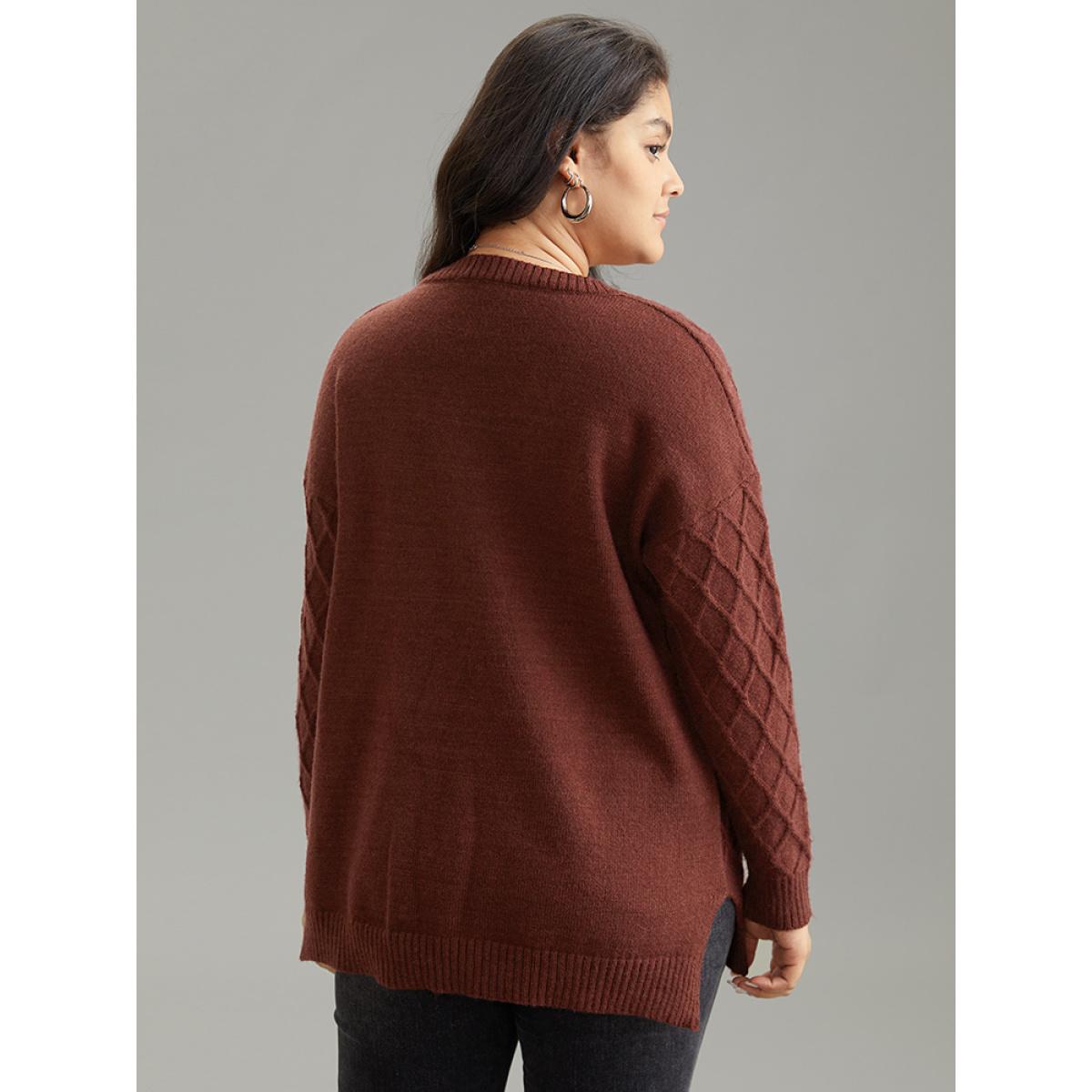 Plus Size Supersoft Essentials V Neck Solid Split Side Cable Knit Pullover Scarlet Women Casual Loose Long Sleeve V-neck Everyday Pullovers BloomChic 12/L Product Image