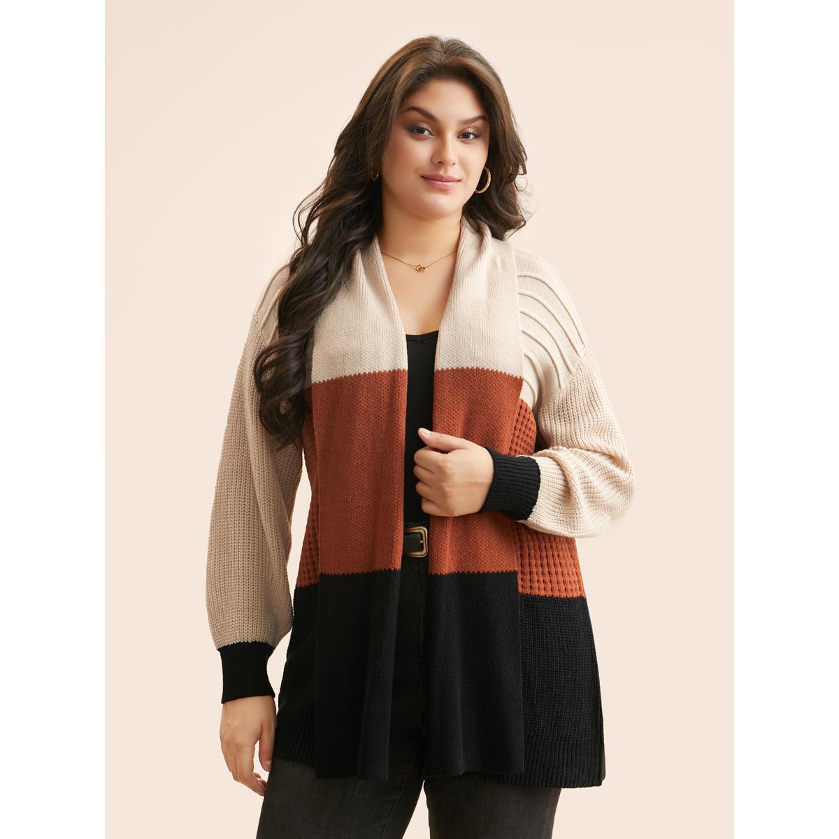Plus Size Colorblock Contrast Lapel Collar Texture Cardigan Apricot Women Casual Loose Long Sleeve Everyday Cardigans BloomChic 30/6X Product Image