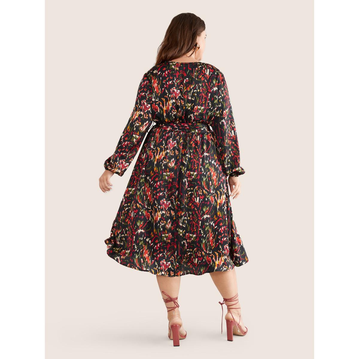 Plus Size Boho Print Wrap Pocket Lantern Sleeve Dress Black Women Elegant Elastic cuffs V-neck Long Sleeve Curvy Midi Dress BloomChic 22-24/3X Product Image