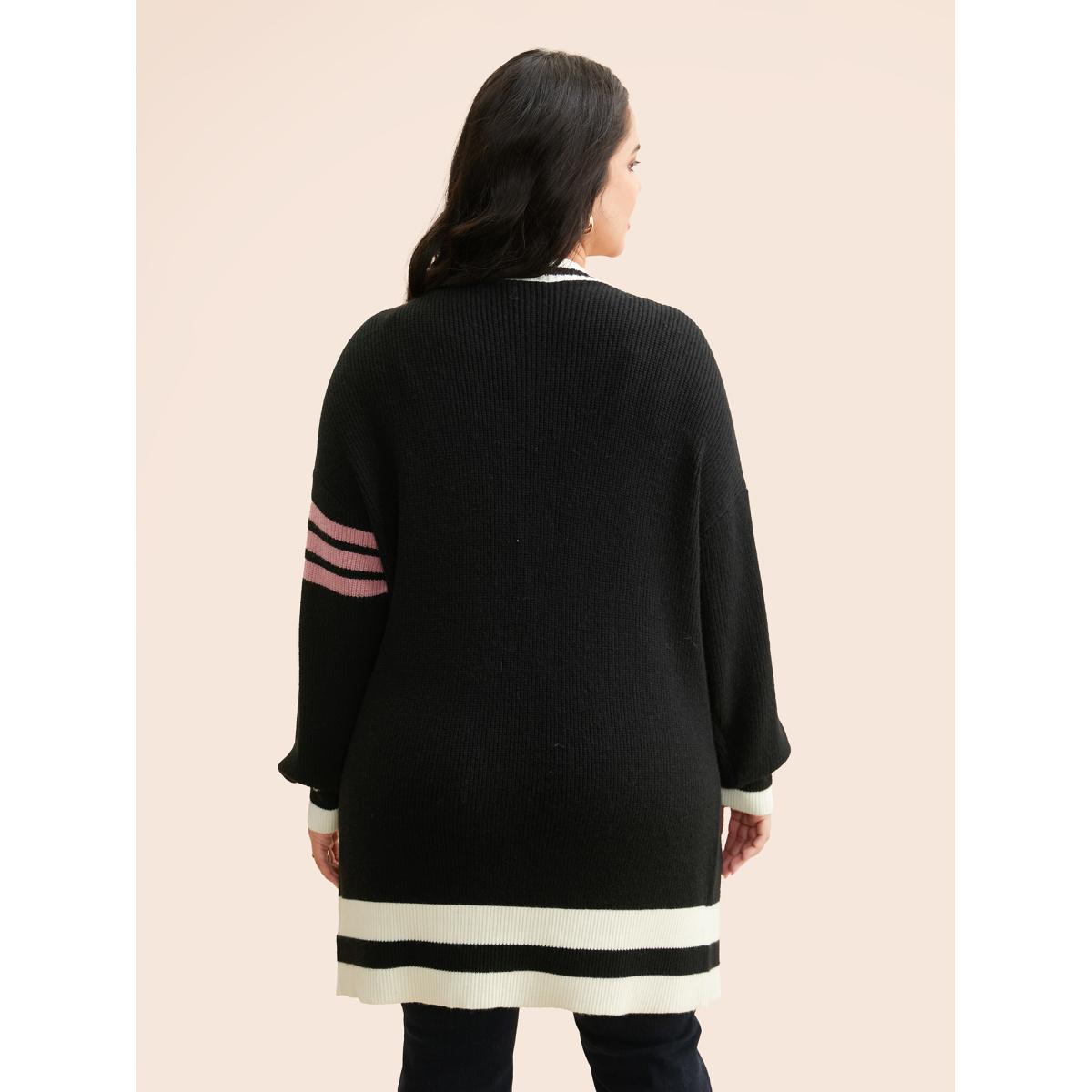 Plus Size Contrast Striped Drop Shoulder Cardigan Black Women Casual Loose Long Sleeve Everyday Cardigans BloomChic 10/M Product Image