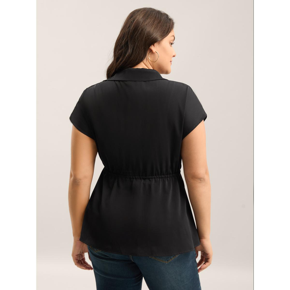 Plus Size Black Solid Drawstring Waist Blouse Women Cap Sleeve Shirt collar Work Blouses BloomChic 30/6X Product Image