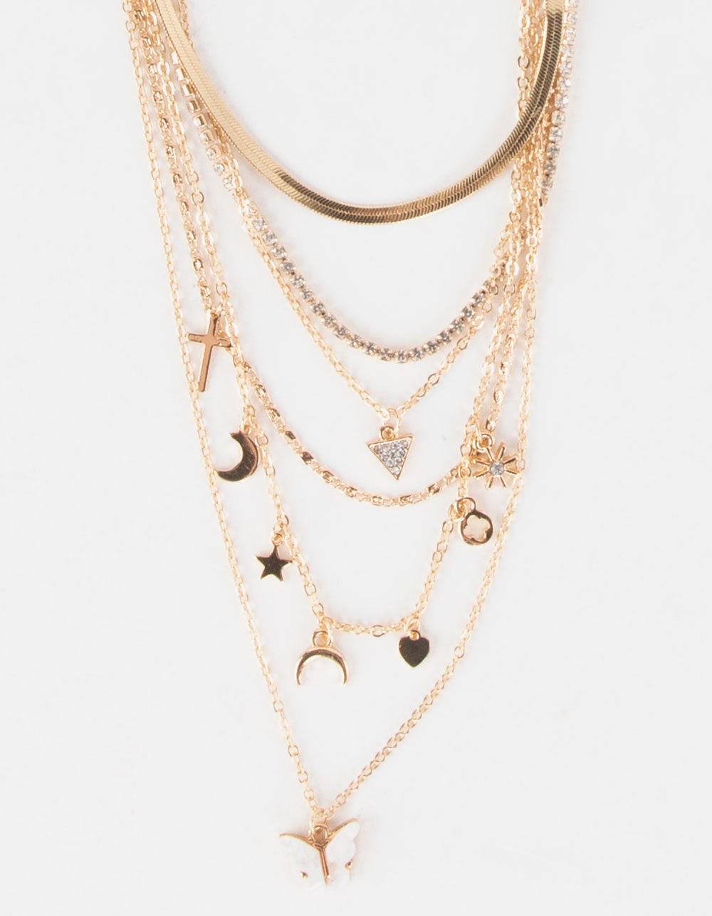 FULL TILT Six Layer Butterfly Cross Moon Necklace - GOLD Product Image