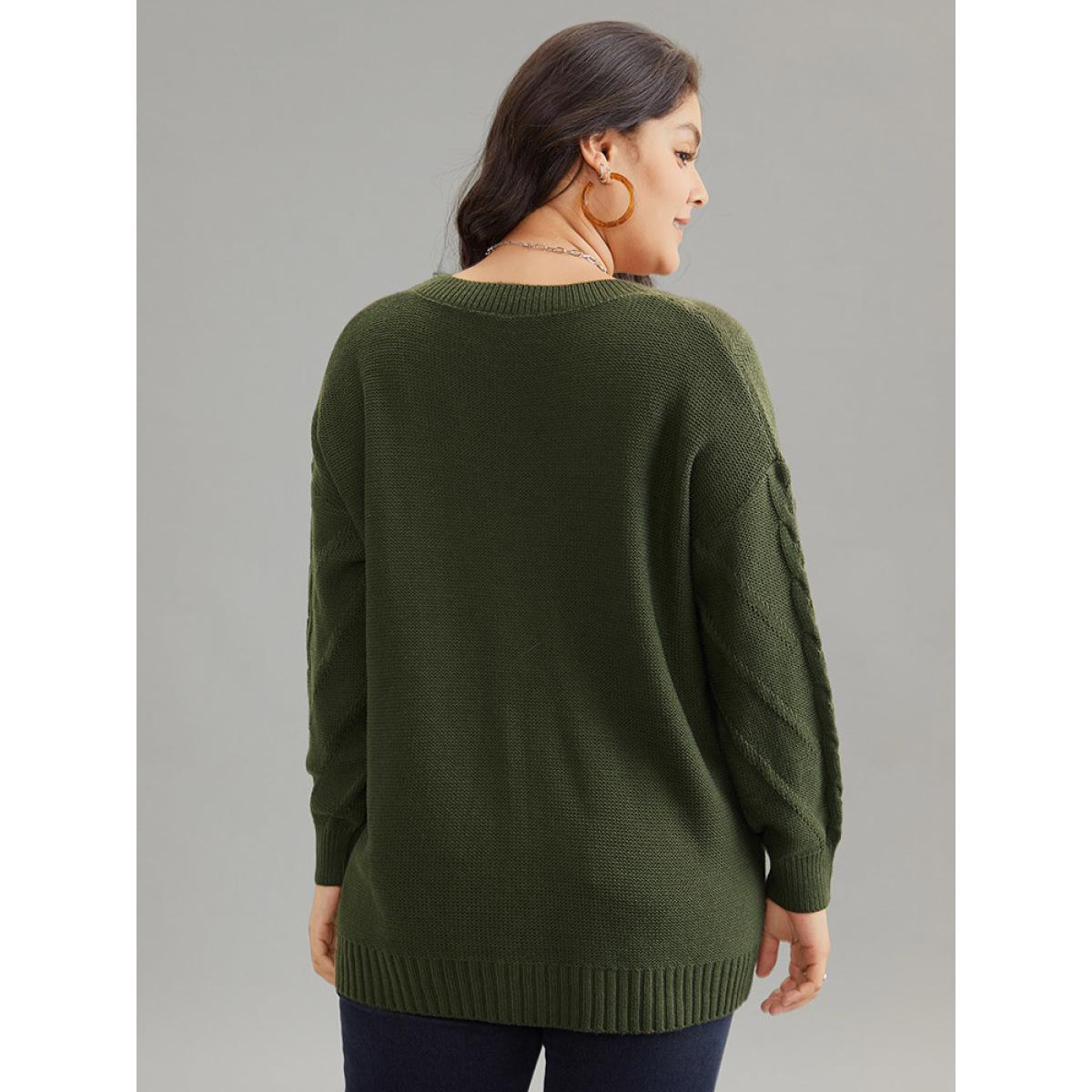 Plus Size Cable Knit Plisse Moderately Stretchy Pullover ArmyGreen Women Casual Loose Long Sleeve V-neck Dailywear Pullovers BloomChic 12/L Product Image