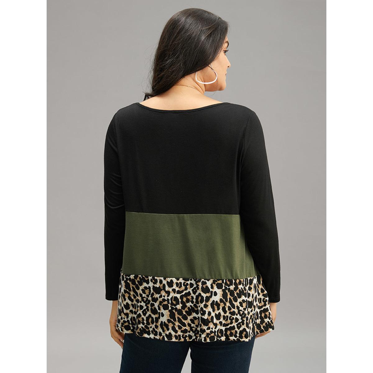 Plus Size Colorblock Leopard Contrast Round Neck T-shirt Multicolor Women Leisure Contrast Leopard Round Neck Casual T-shirts BloomChic 12/L Product Image