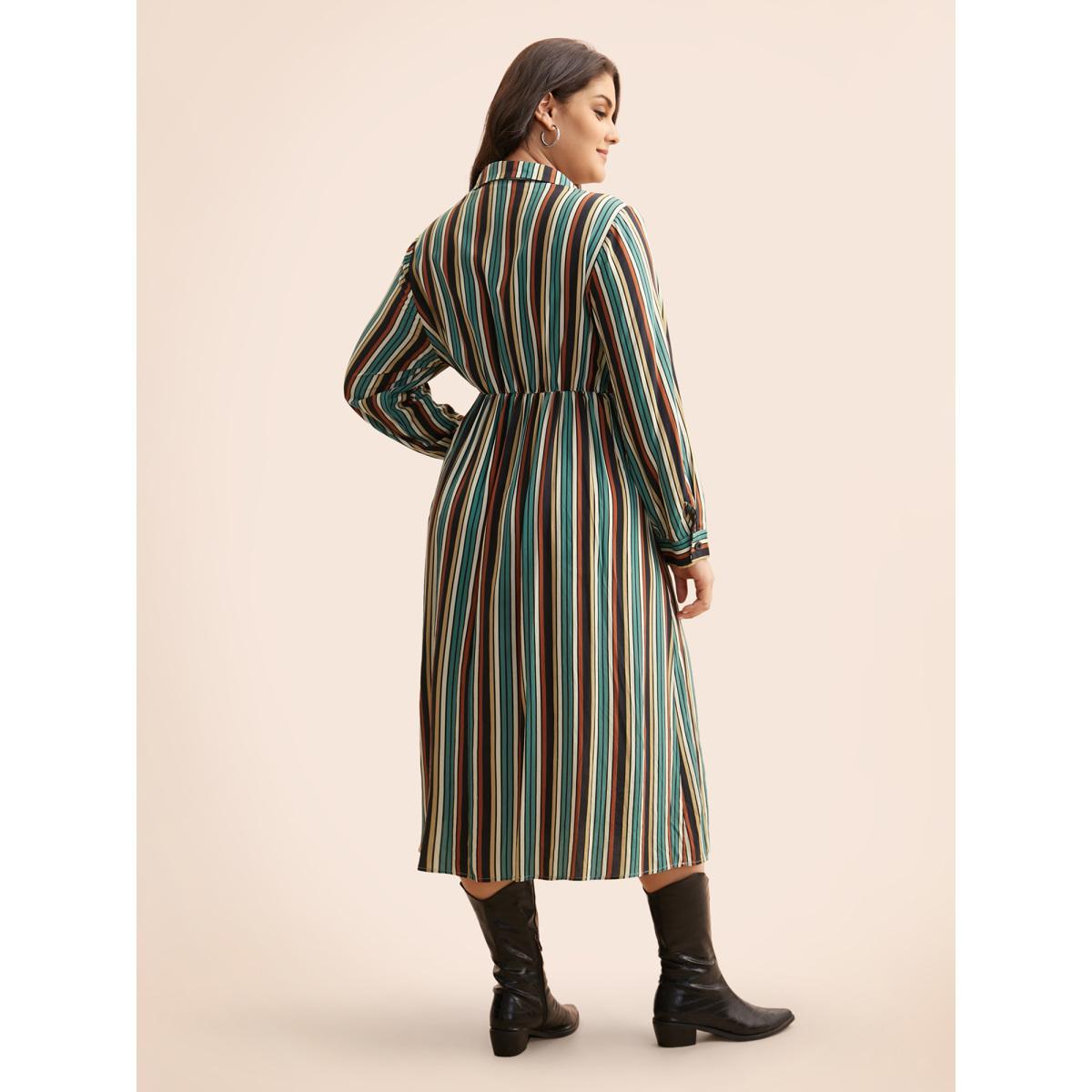Plus Size Shirt Collar Contrast Striped Midi Dress Multicolor Women Leisure Button Shirt collar Long Sleeve Curvy BloomChic 10/M Product Image