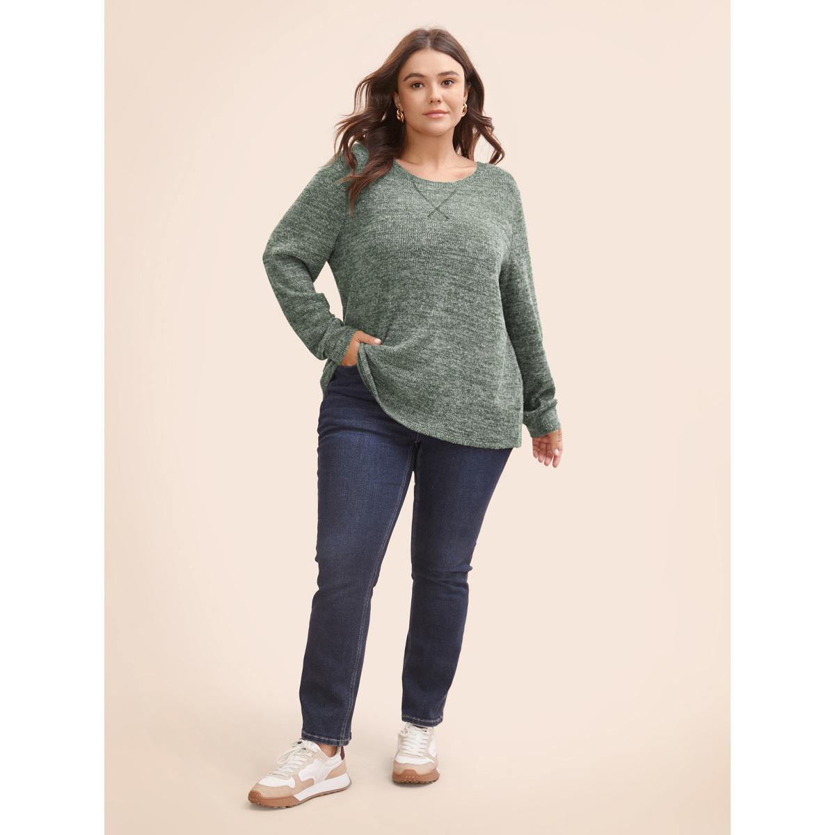 Plus Size Solid Heather Round Neck Stitch Sweatshirt Women DarkGreen Leisure Topstitching Round Neck Casual Sweatshirts BloomChic 30/6X Product Image