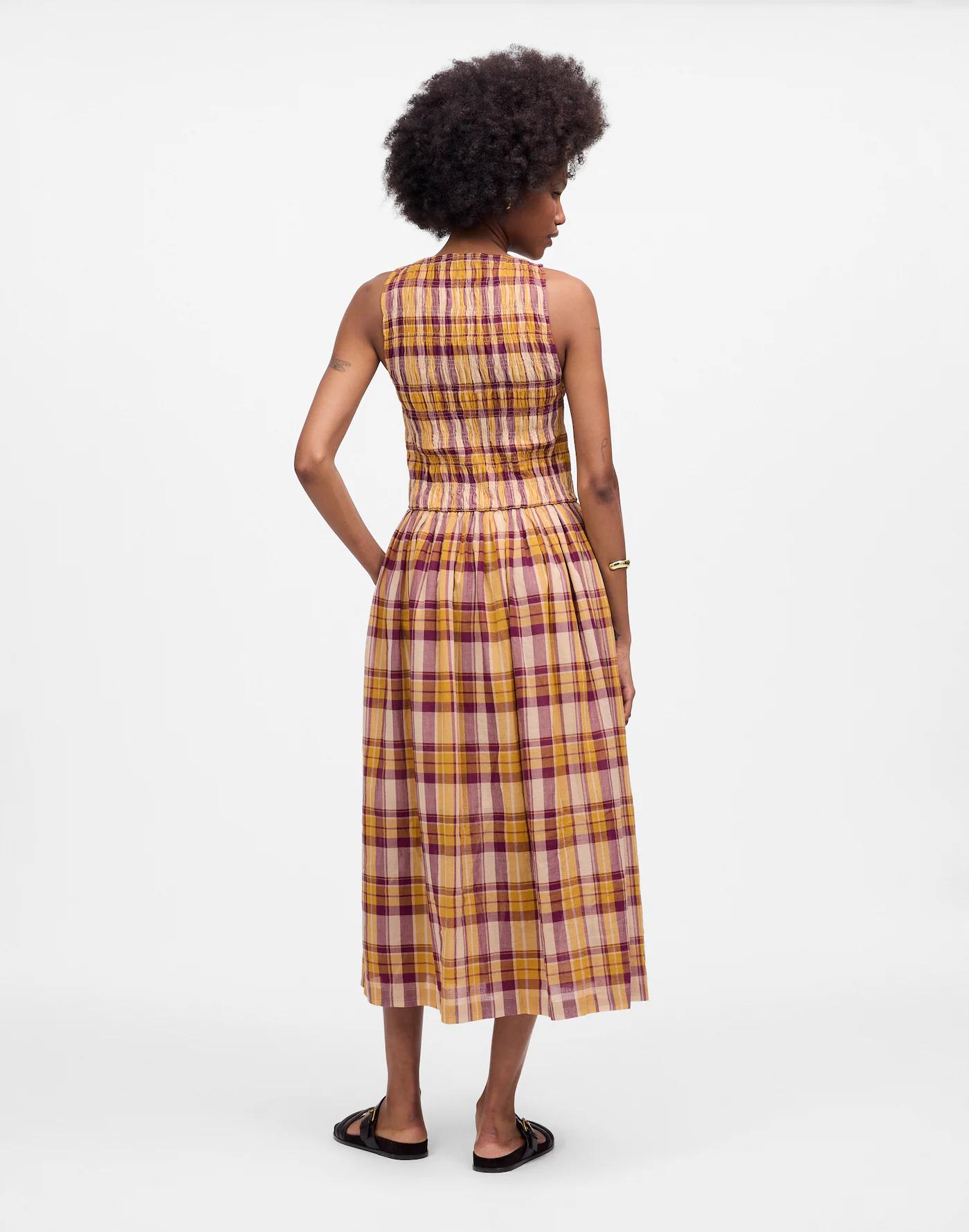 Smocked Boatneck Maxi Dress in Plaid Seersucker Product Image