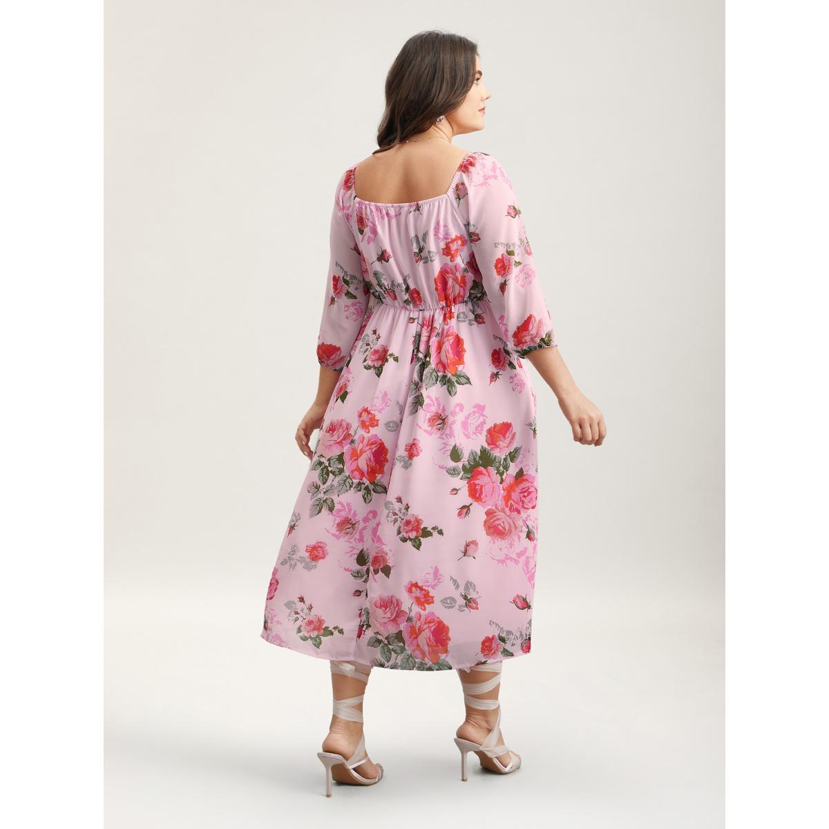 Plus Size Rosy Print Pockets Pleated Midi Dress MistyRose Women Elegant Gathered V-neck Elbow-length sleeve Curvy BloomChic 22-24/3X Product Image