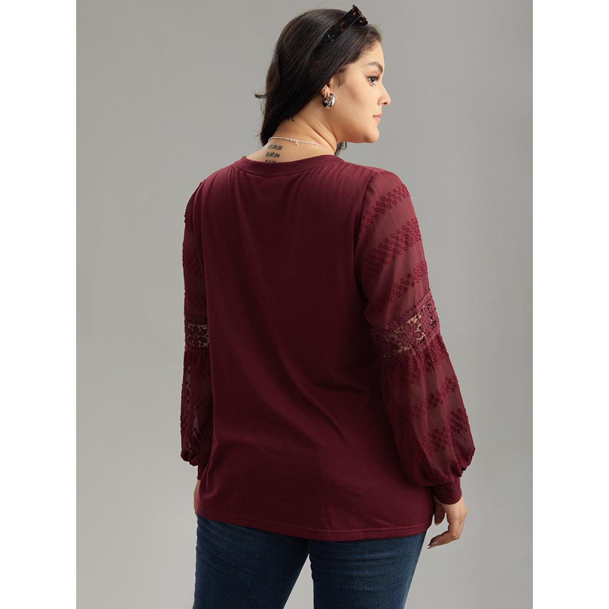 Plus Size Supersoft Essentials Solid Guipure Lace Cut Out T-shirt Burgundy Women Elegant Elastic cuffs Plain V-neck Dailywear T-shirts BloomChic 22-24/3X Product Image