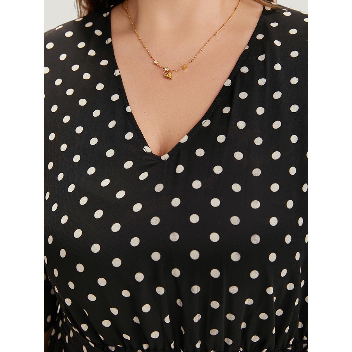 Plus Size Polka Dot Ruffles Pocket V Neck Mesh Belted Dress Black Women Elegant Lined V-neck Short sleeve Curvy Midi Dress BloomChic 12/L Product Image