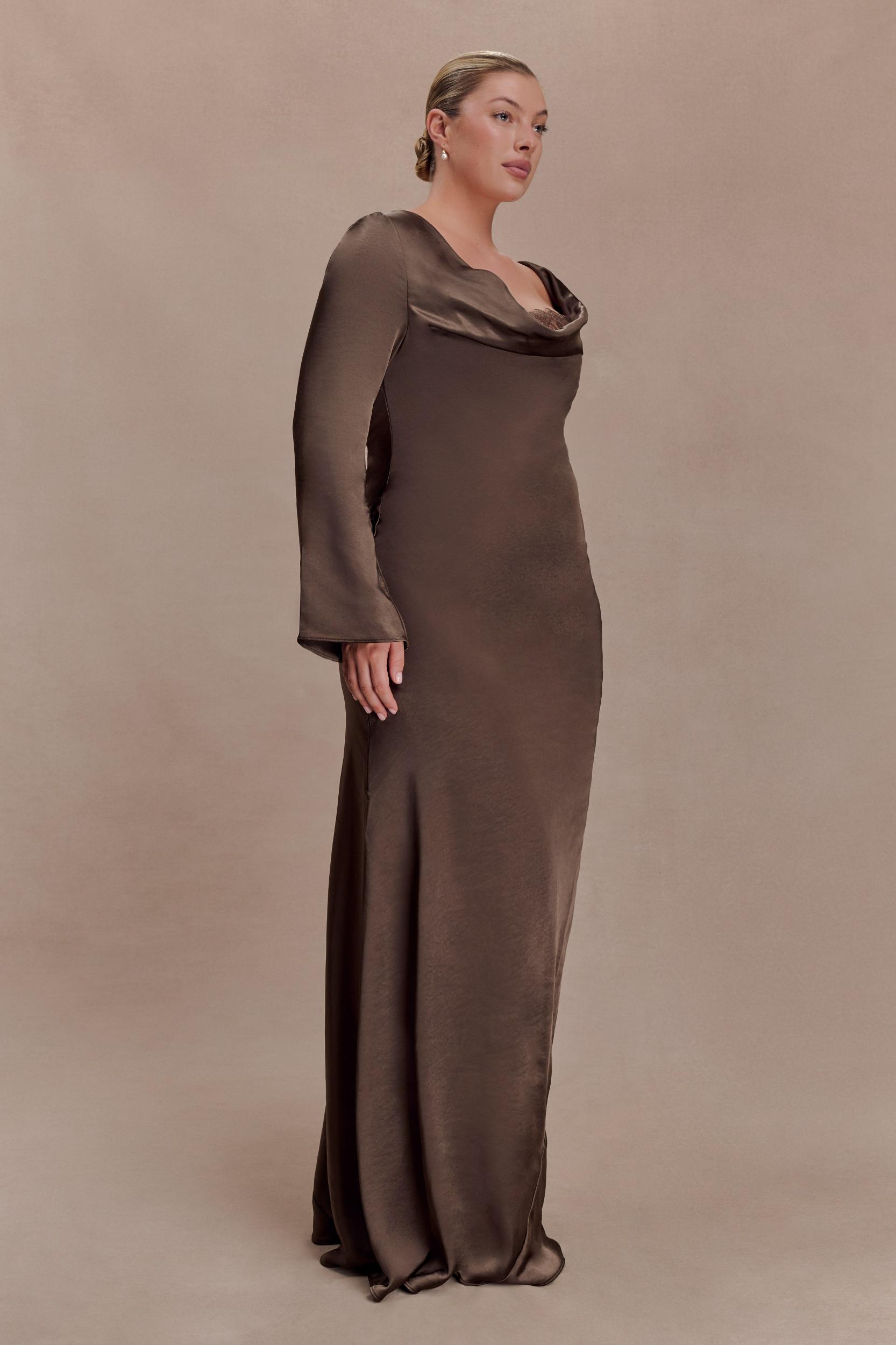 Eliza Long Sleeve Cowl Lace And Satin Maxi Dress - Mocha Product Image