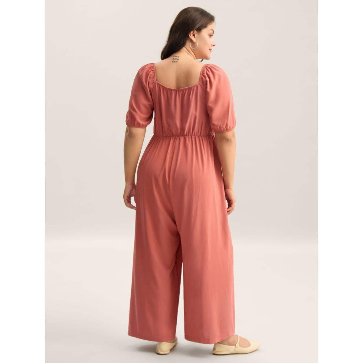 Plus Size Coral Shirred Puffy Sleeve Pockets Jumpsuit Women Short sleeve Square Neck Casual Loose Jumpsuits BloomChic 22-24/3X Product Image
