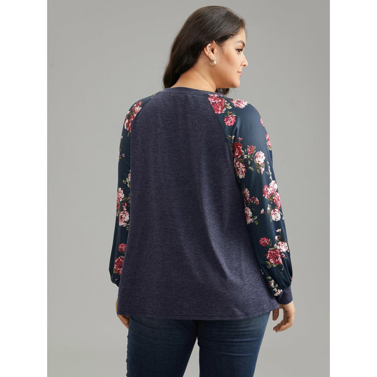 Plus Size Floral Patchwork Crew Neck Raglan Sleeve T-shirt DarkBlue Women Elegant Printed Floral Round Neck Dailywear T-shirts BloomChic 12/L Product Image