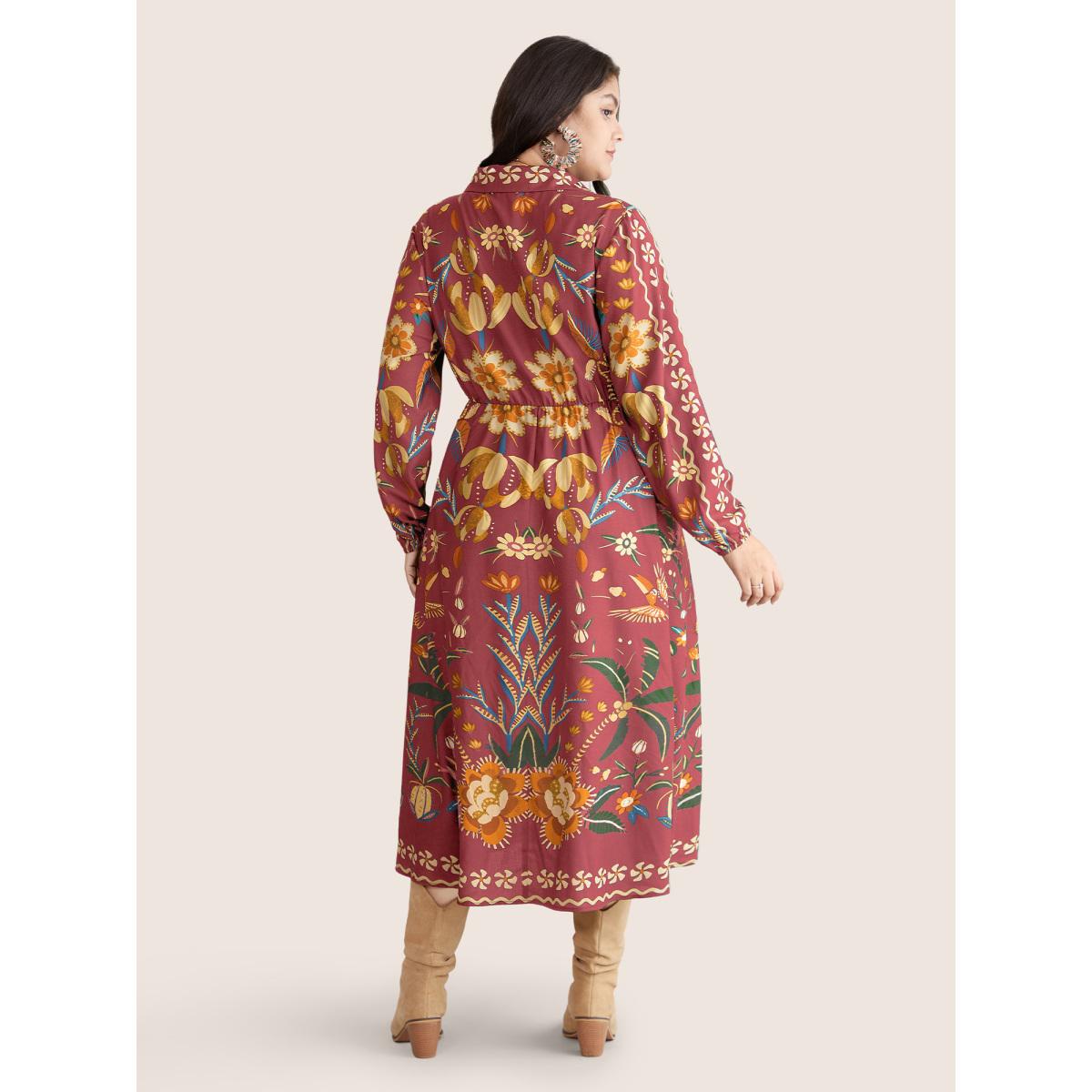 Plus Size Bandana Print Pocket Lapel Collar Elastic Cuffs Dress Watermelon Women Resort Non V-neck Long Sleeve Curvy Midi Dress BloomChic 22-24/3X Product Image