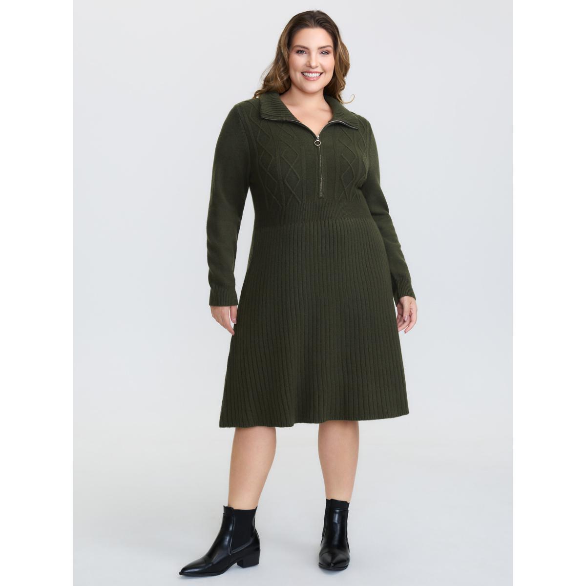 Plus Size Zipper Front Fit and Flare Midi Sweater Dress ArmyGreen Women Timeless Bodycon Long Sleeve Casual Sweater Dresses BloomChic 14-16/1X Product Image