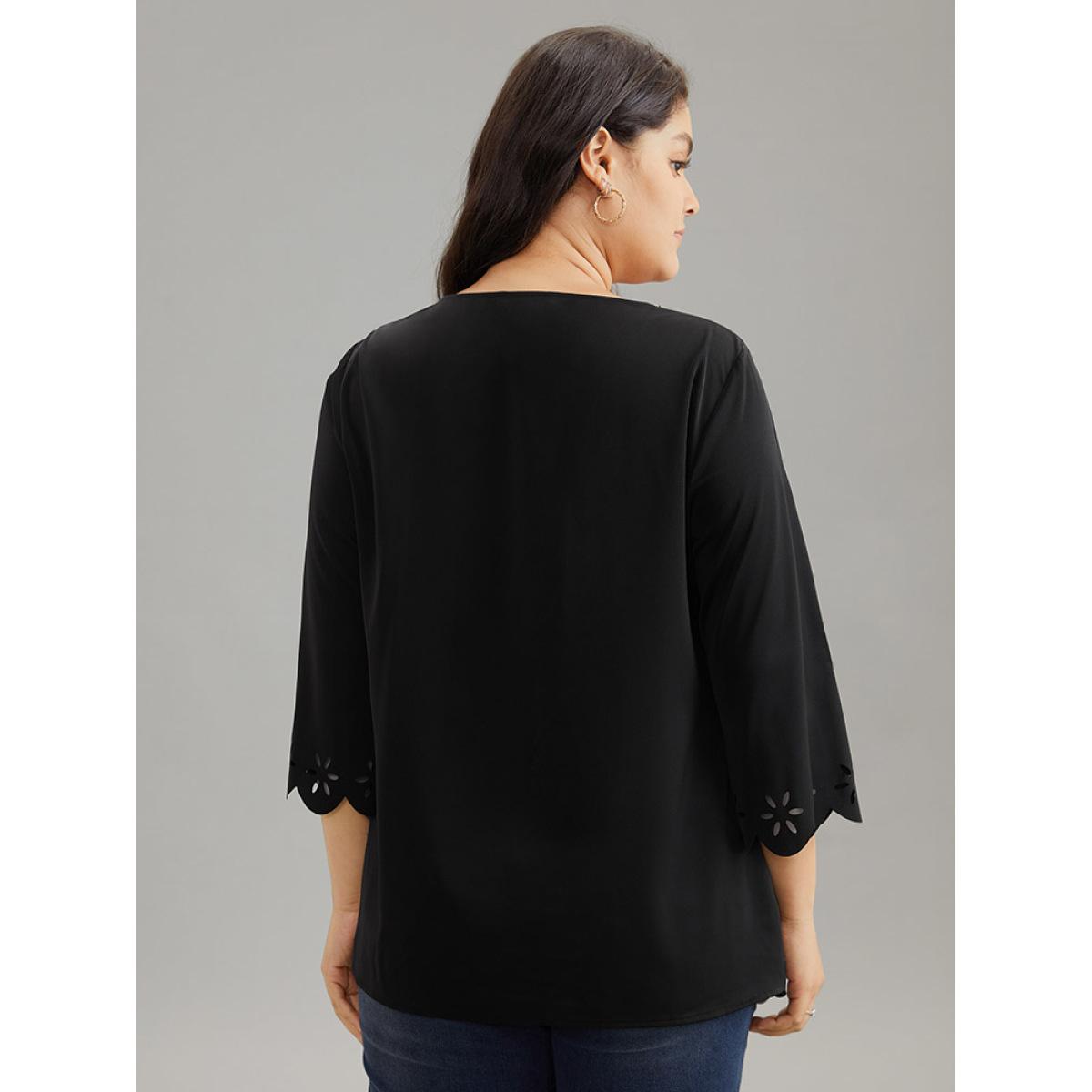 Plus Size Black Plain Laser Cut Crew Neck Scalloped Trim Blouse Women Elegant Elbow-length sleeve Round Neck Party Blouses BloomChic 30/6X Product Image