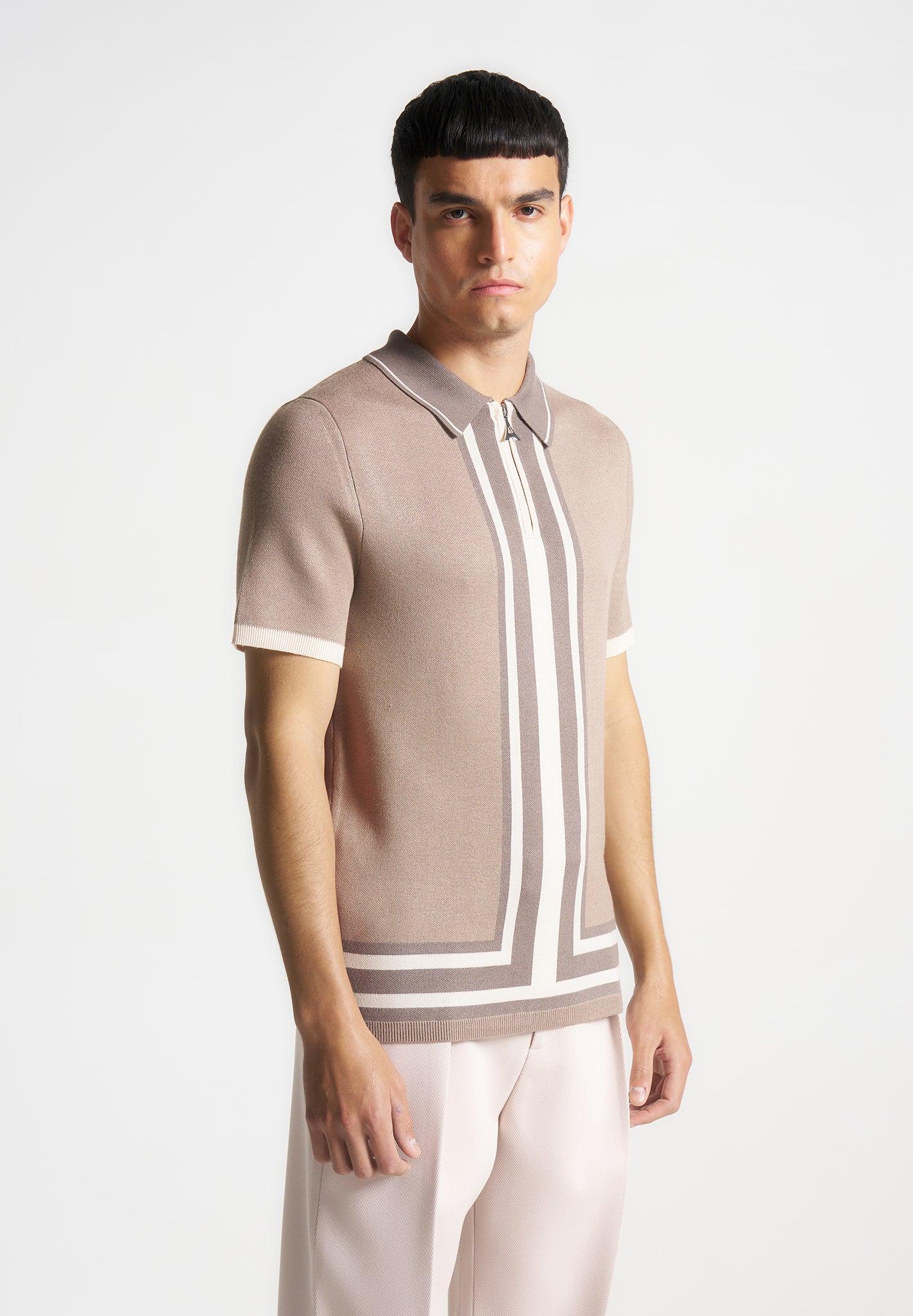 Contrast Border Knit Zip Polo Shirt - Taupe Male Product Image