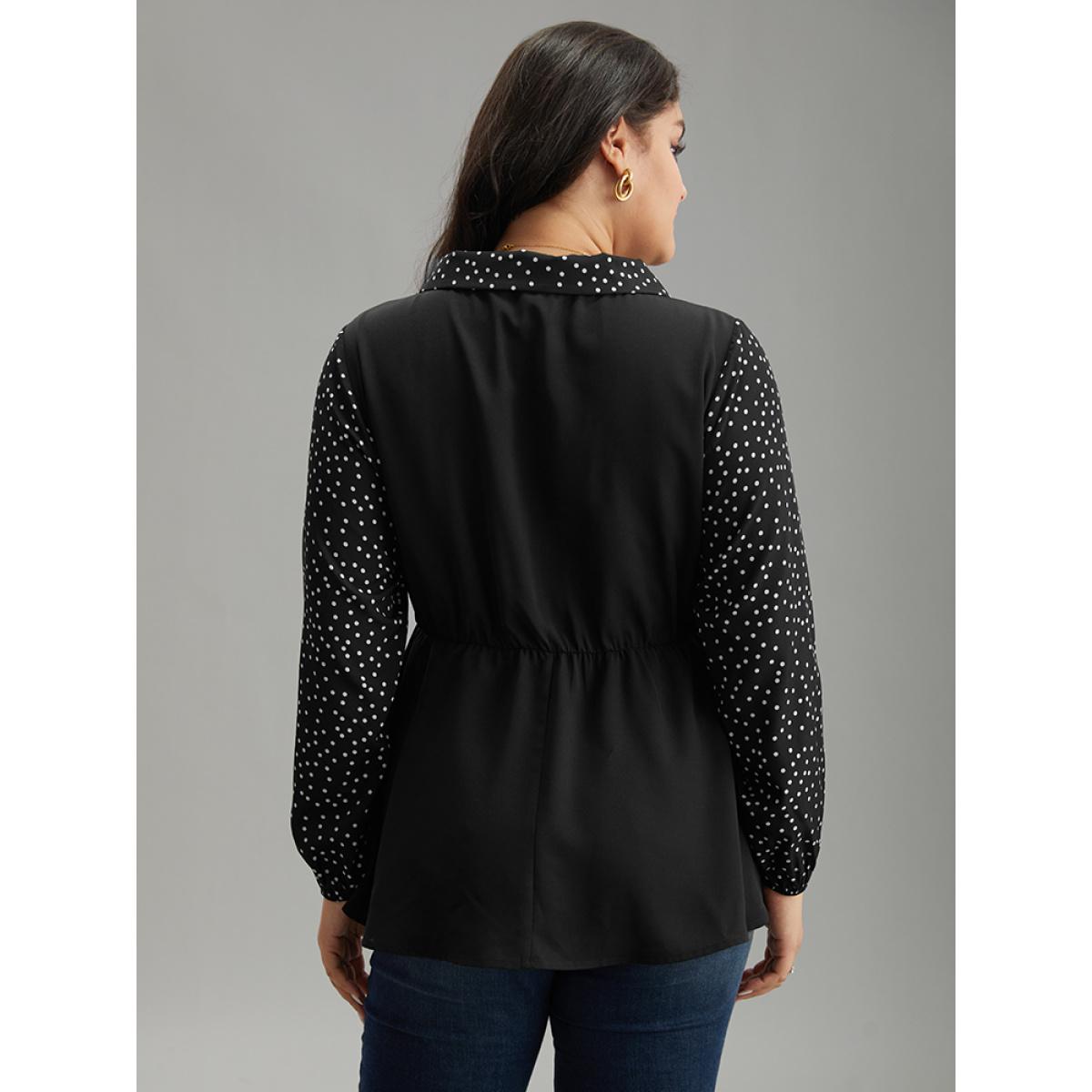 Plus Size Black Polka Dot Patchwork Lapel Collar Elastic Waist Blouse Women At the Office Long Sleeve Lapel Collar Office Blouses BloomChic 28/5X Product Image