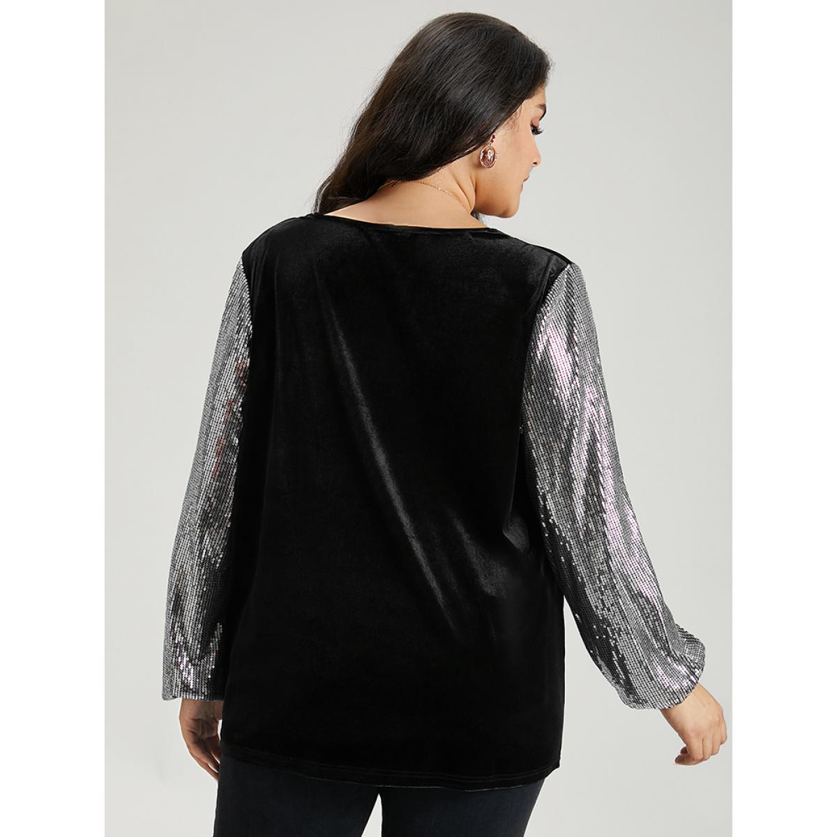 Plus Size Sequin Patchwork V Neck Lantern Sleeve Sweatshirt Women Black Cocktail Elastic cuffs V-neck Party Sweatshirts BloomChic 18-20/2X Product Image