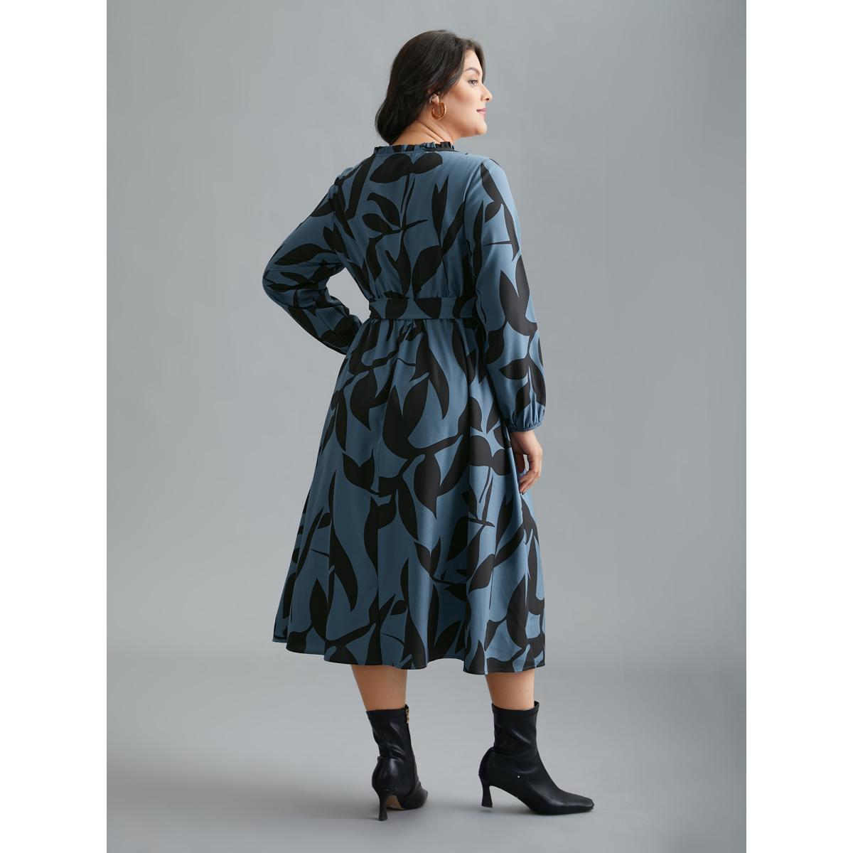 Plus Size Silhouette Floral Print Frill Trim Dress Aegean Women Elegant Belted Round Neck Long Sleeve Curvy BloomChic 14-16/1X Product Image