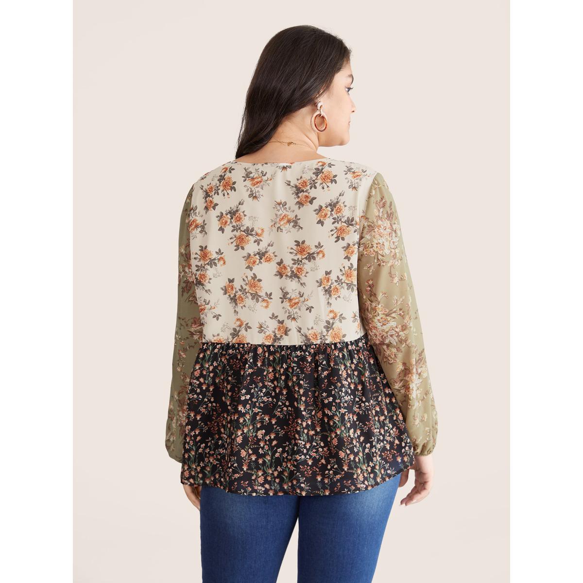 Plus Size Beige Chiffon Contrast Ditsy Floral Patchwork Blouse Women Vacation Long Sleeve V-neck Vacation Blouses BloomChic 14-16/1X Product Image