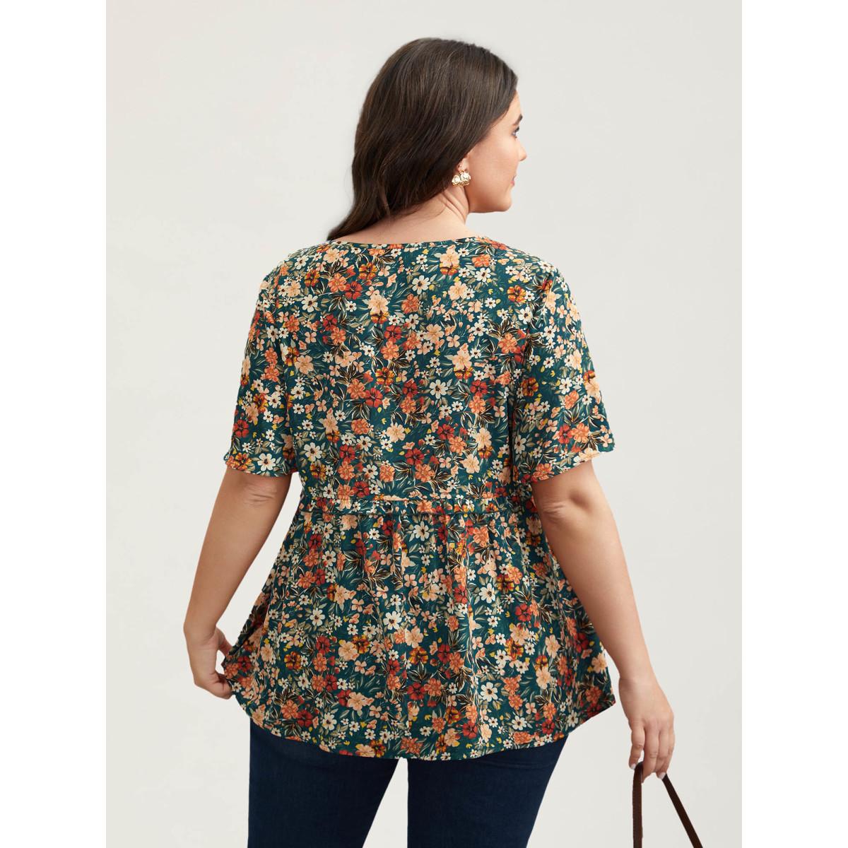 Plus Size DarkSlateGray Floral Ruffled Round Neck Shirt Women Timeless Short sleeve Round Neck Elegant Blouses BloomChic 30/6X Product Image
