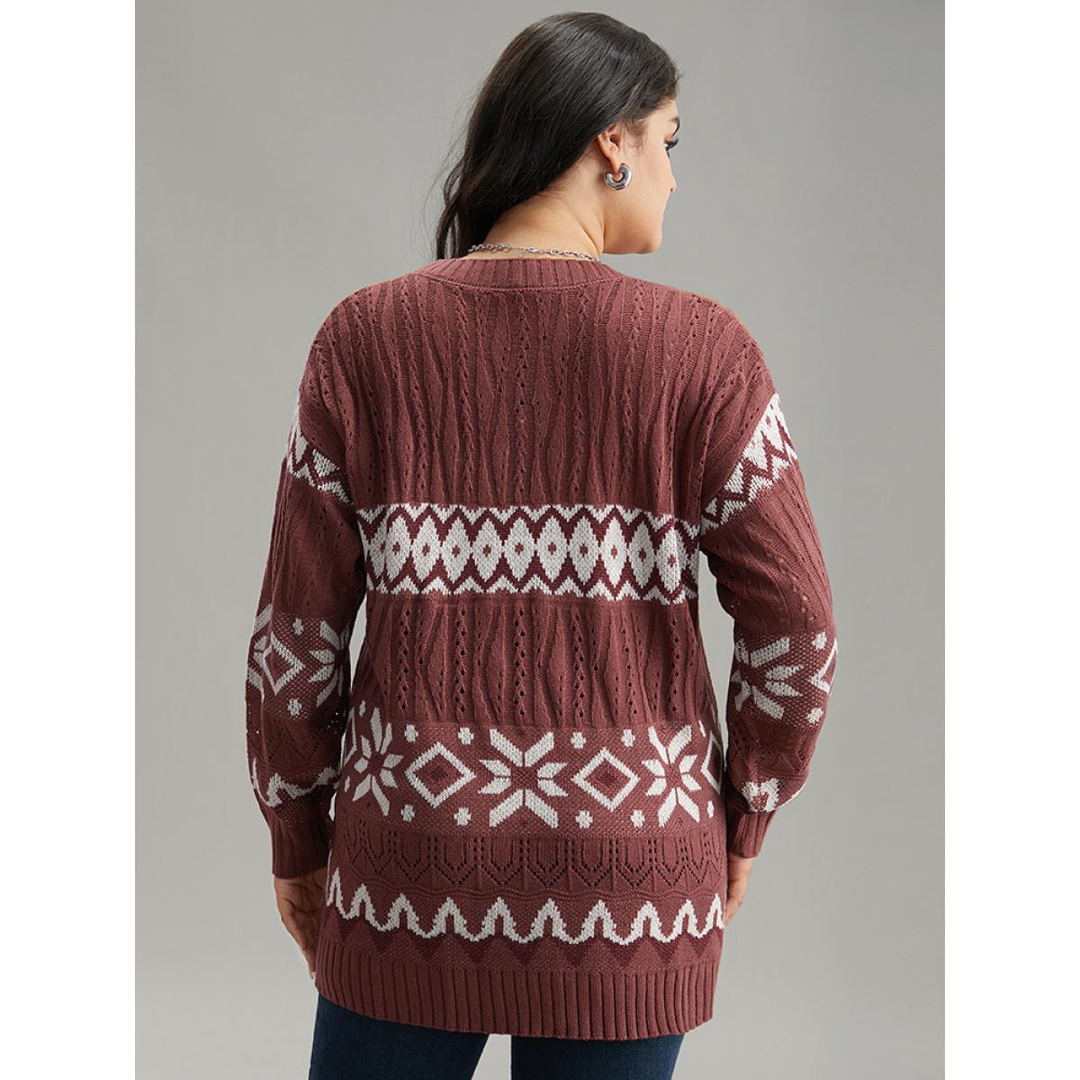 Plus Size Bandana Print Eyelet Metal Button Fly Cardigan Rust Women Casual Loose Long Sleeve Dailywear Cardigans BloomChic 30/6X Product Image