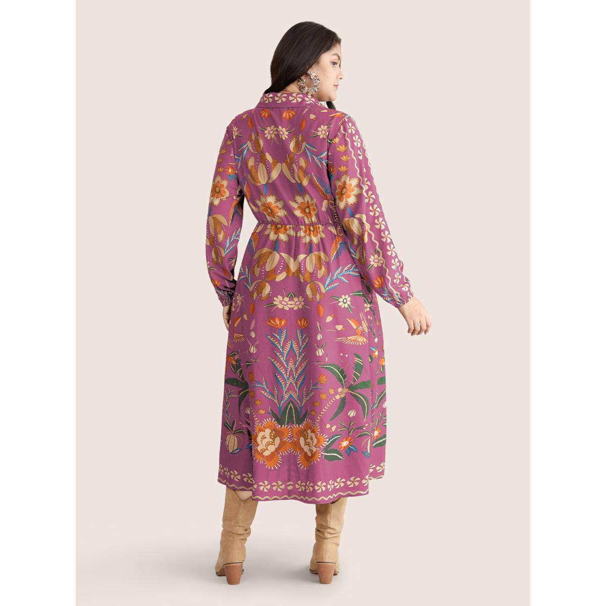 Plus Size Bandana Print Pocket Lapel Collar Elastic Cuffs Dress Lilac Women Resort Non V-neck Long Sleeve Curvy Midi Dress BloomChic 14-16/1X Product Image