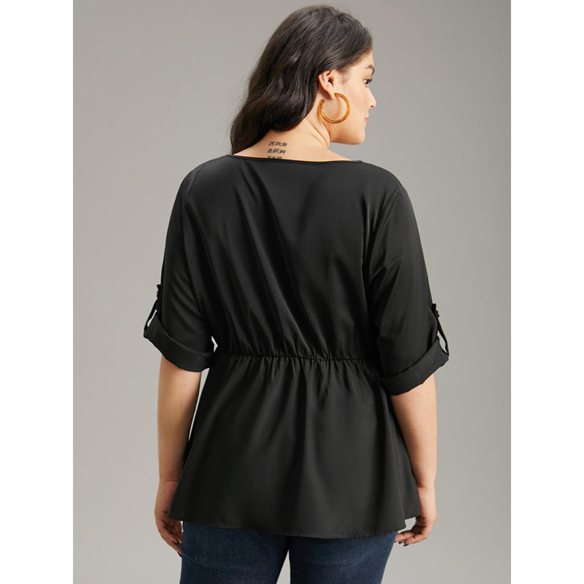 Plus Size Black Contrast Button Detail Tab Sleeve Blouse Women At the Office Elbow-length sleeve V-neck Office Blouses BloomChic 10/M Product Image