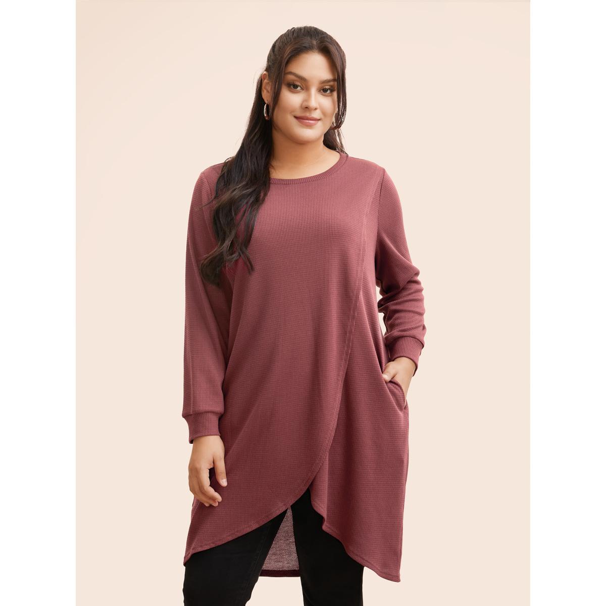 Plus Size Solid Waffle Knit Overlap Hem T-shirt DustyPink Women Casual Overlapping Round Neck Everyday T-shirts BloomChic 30/6X Product Image