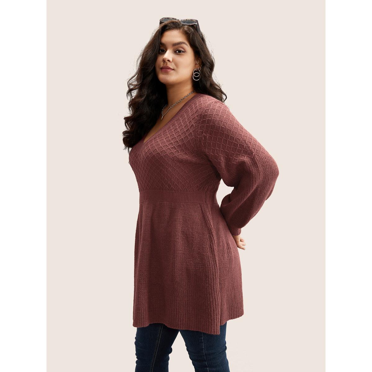 Plus Size Plain Plisse Lantern Sleeve A Line Pullover Rust Women Elegant Long Sleeve V-neck Everyday Pullovers BloomChic 18-20/2X Product Image